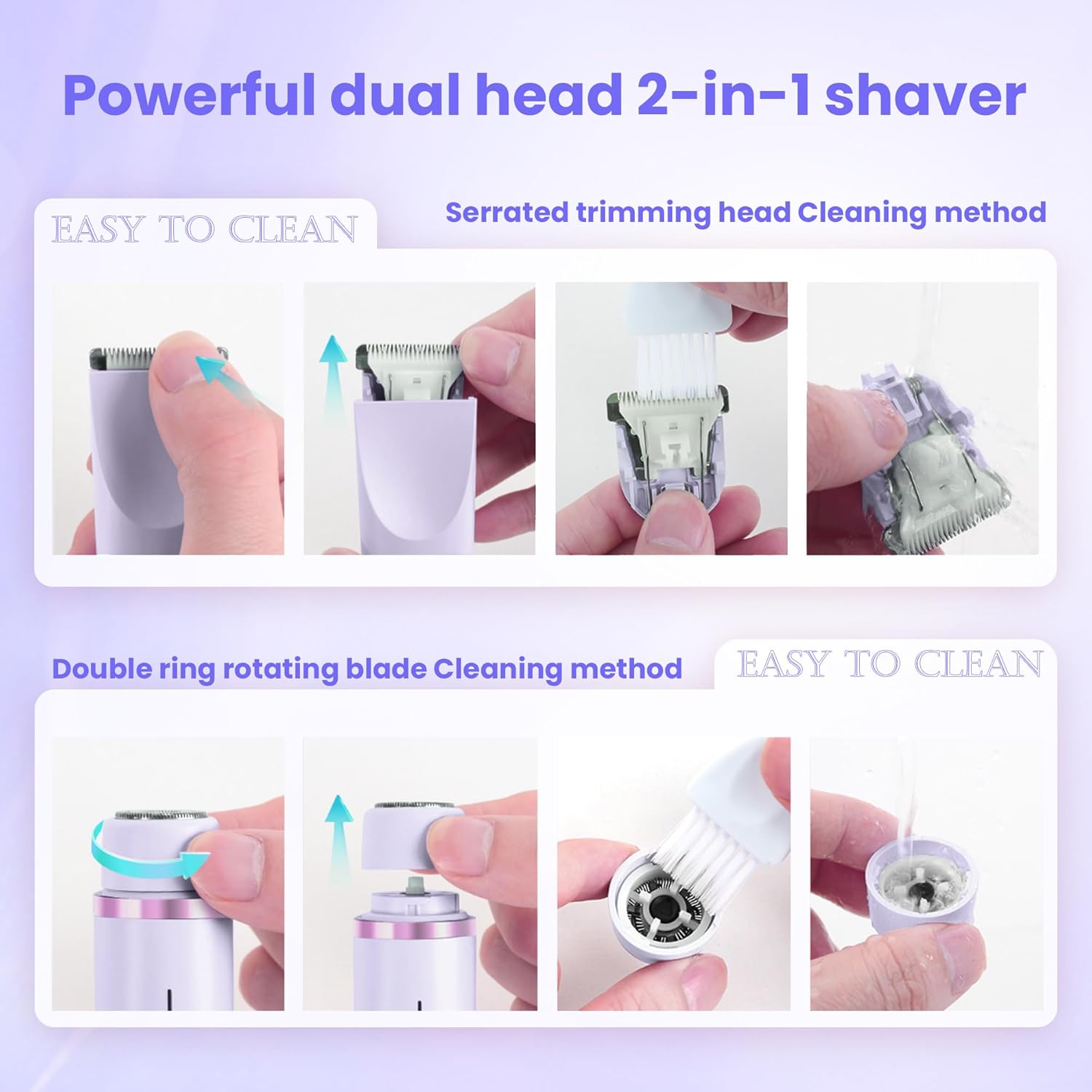 Bikini Trimmer for Women-2 in 1 Dual Head Electric Razors,IPX7 Waterproof Bikini Electric Shaver,Dry & Wet Use Painless Bikini Shaver,Pubic Hair Trimmer for Private Area & Body Hair,Purple - Image 8