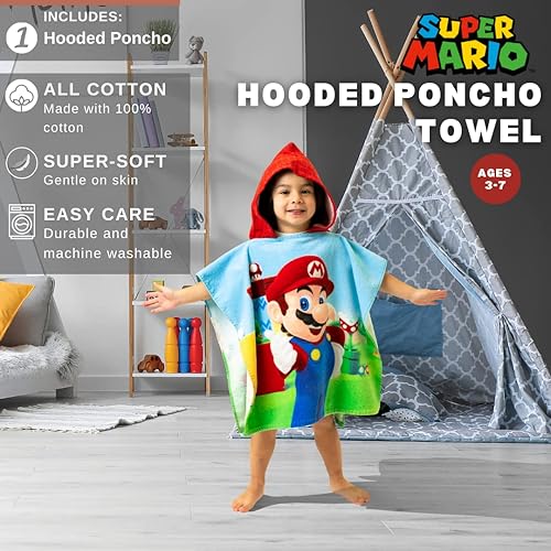 Miniatura 2 de Franco Super Mario Poncho de toalla con capucha para niños, para playa, piscina, baño, campamento, 24 x 22 pulgadas, algodón absorbente, (producto