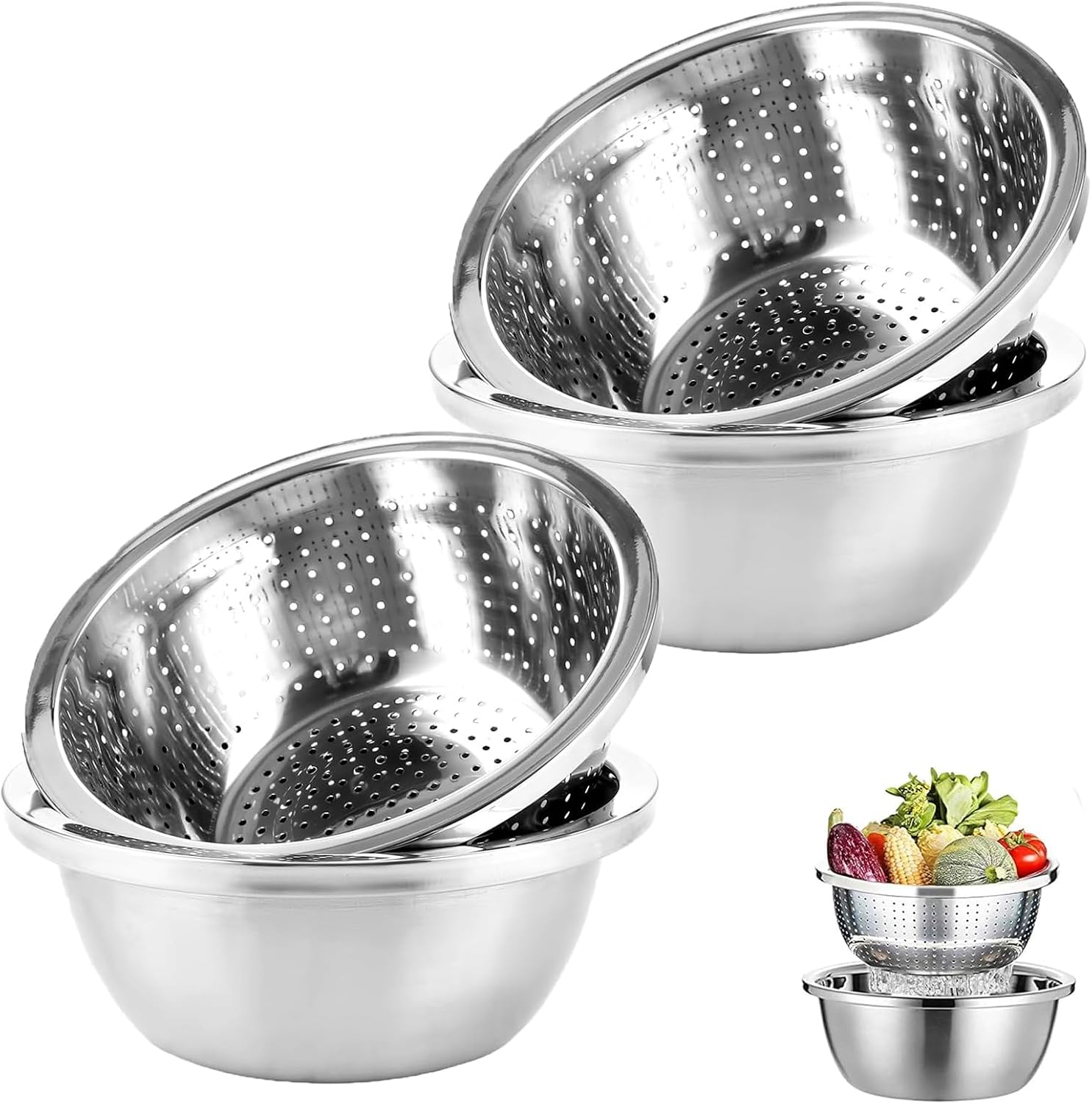 Set of 2 Stainless Steel Colanders and Bowls Stainless Steel Pasta Strainer 20 cm Kitchen Strainer Pasta Strainer Rice Washing Bowl Stackable Stainless Steel Bowl Set for Vegetables Fruits