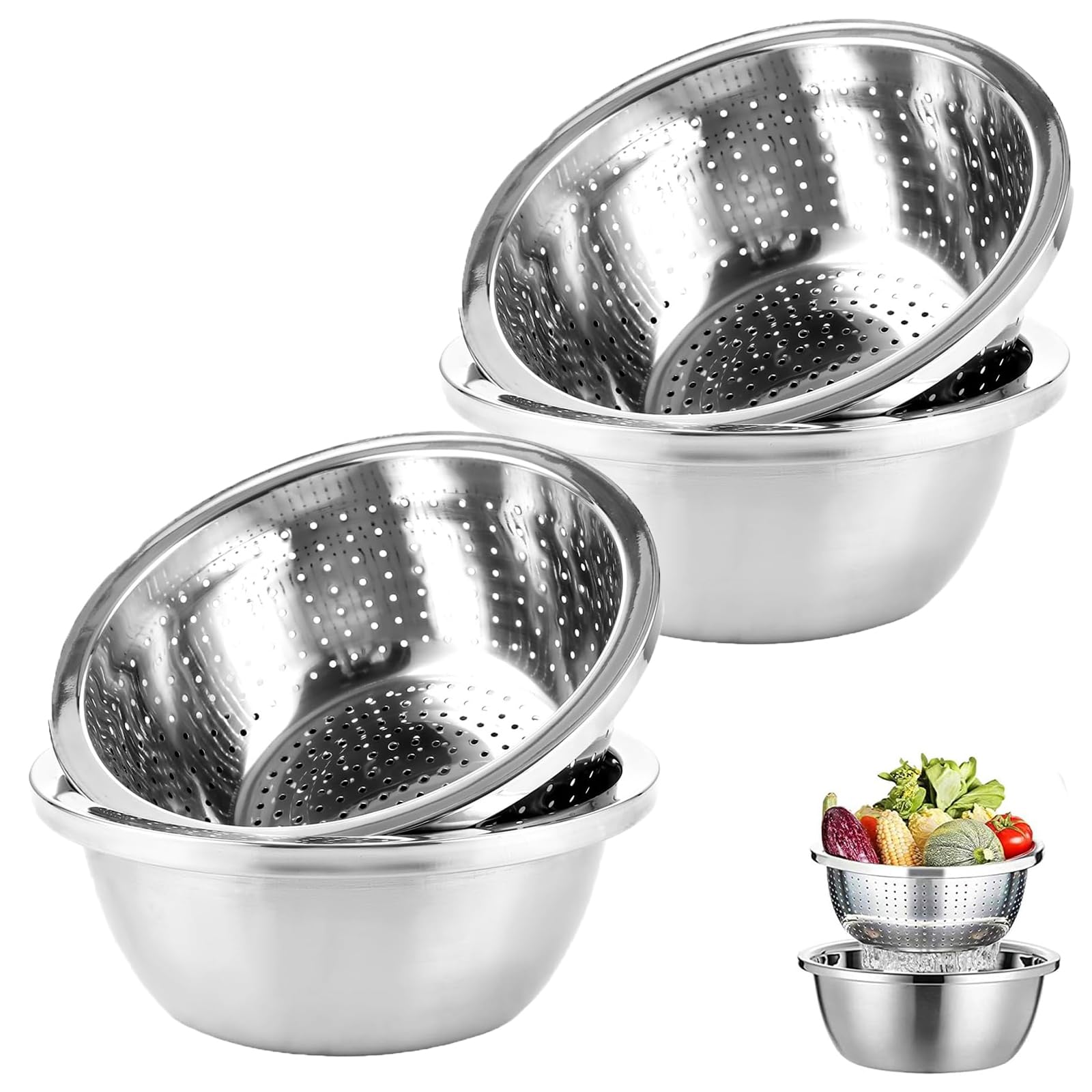 Set di 2 colino e ciotole in acciaio inox, 20 cm, colino da cucina, colino per pasta di riso, ciotola impilabile in acciaio inox, per verdure, frutta, pasta di riso