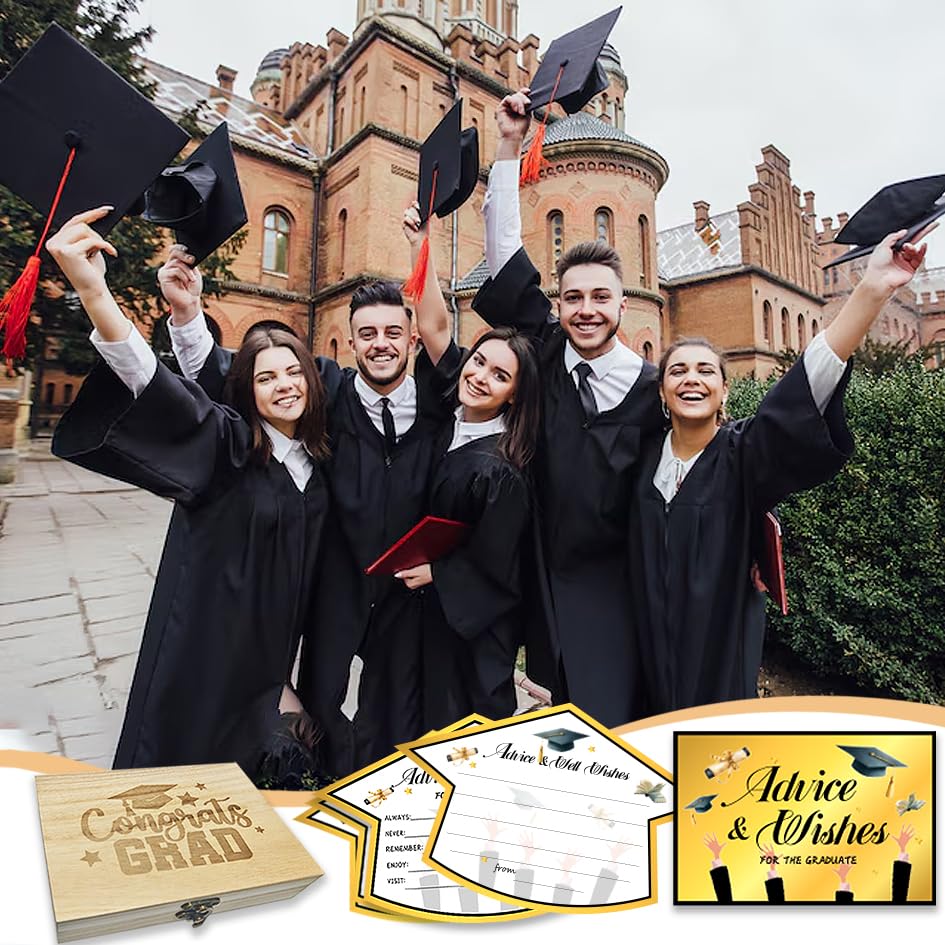 Image of 50Pcs Graduation Advice Cards for the graduate 2026, Graduation Advice and Wish Cards Box for Congrats Grad Class of 2026 Graduation Party Decorations Supplies (Gold)