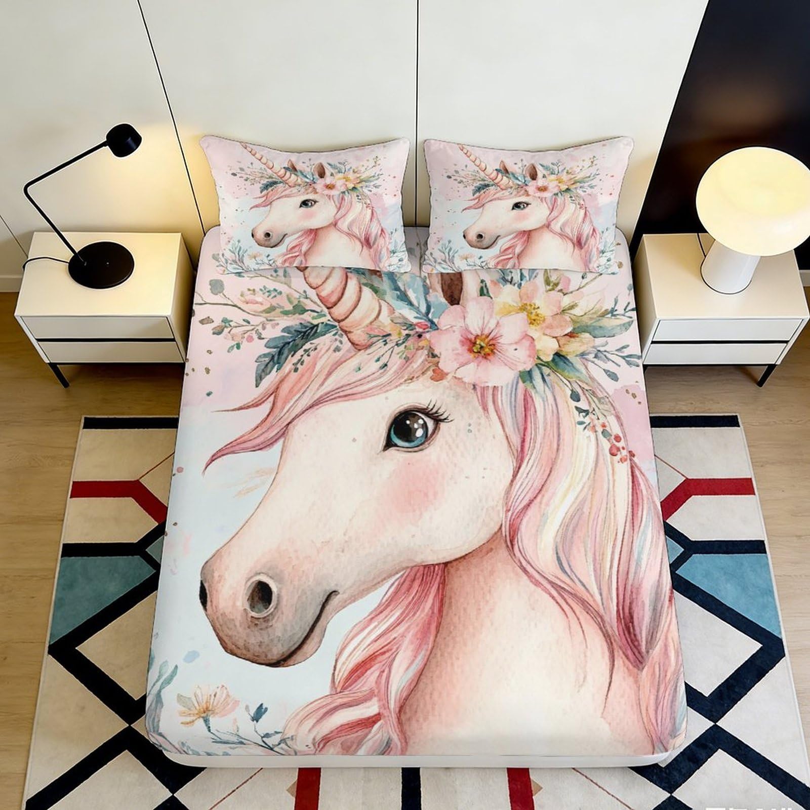3D Printed Unicorn Fitted Sheet Elastic Hem Microfiber Deep Pocket Unicorn Mattress Fitted Cover Washable for Bedroom 120 180x200x25cm