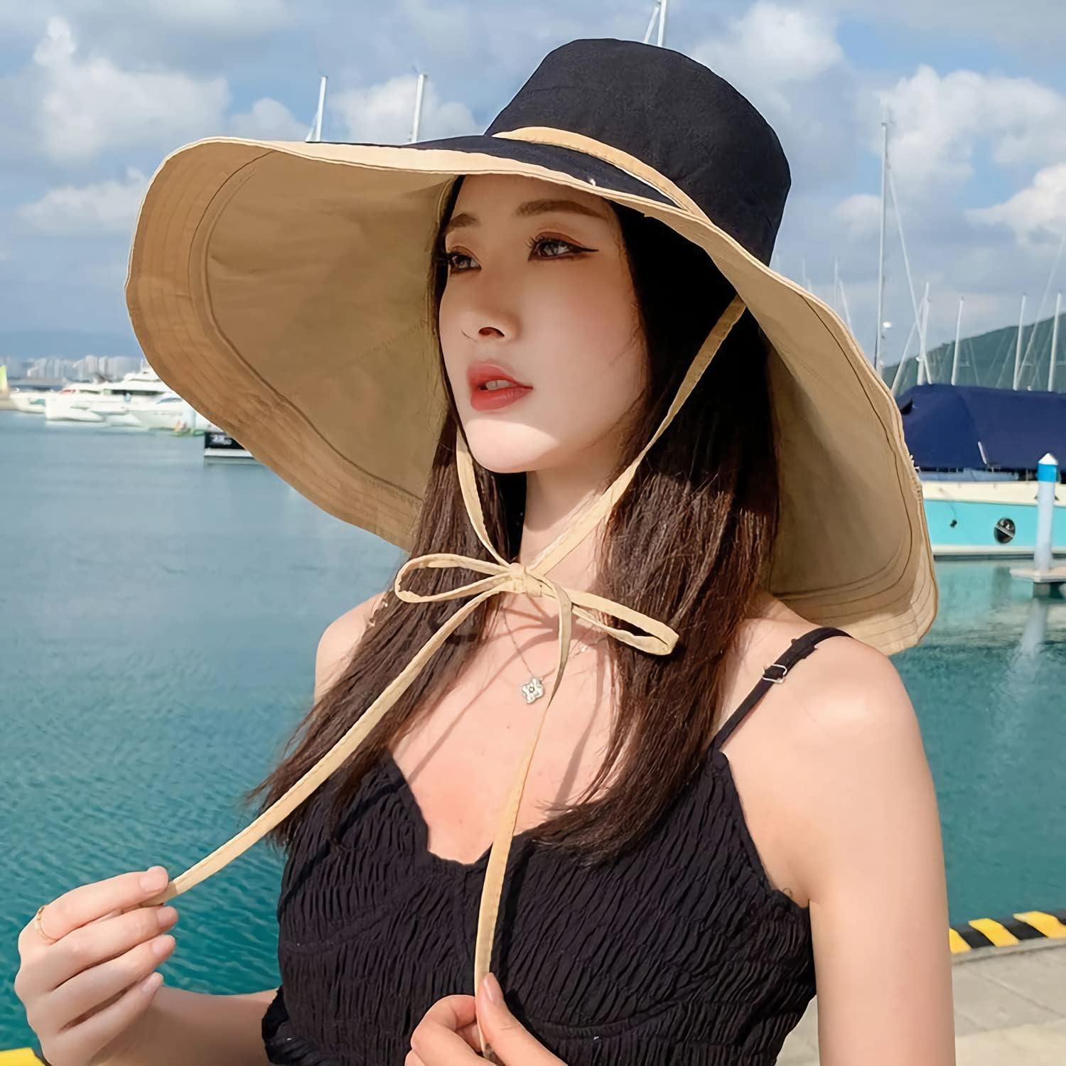 HUAMULAN Women Wide Brim Summer Sun Hat Wired Edge Beach Bucket Fishing Hats Reversible Foldable Travel UV Protection - Image 4
