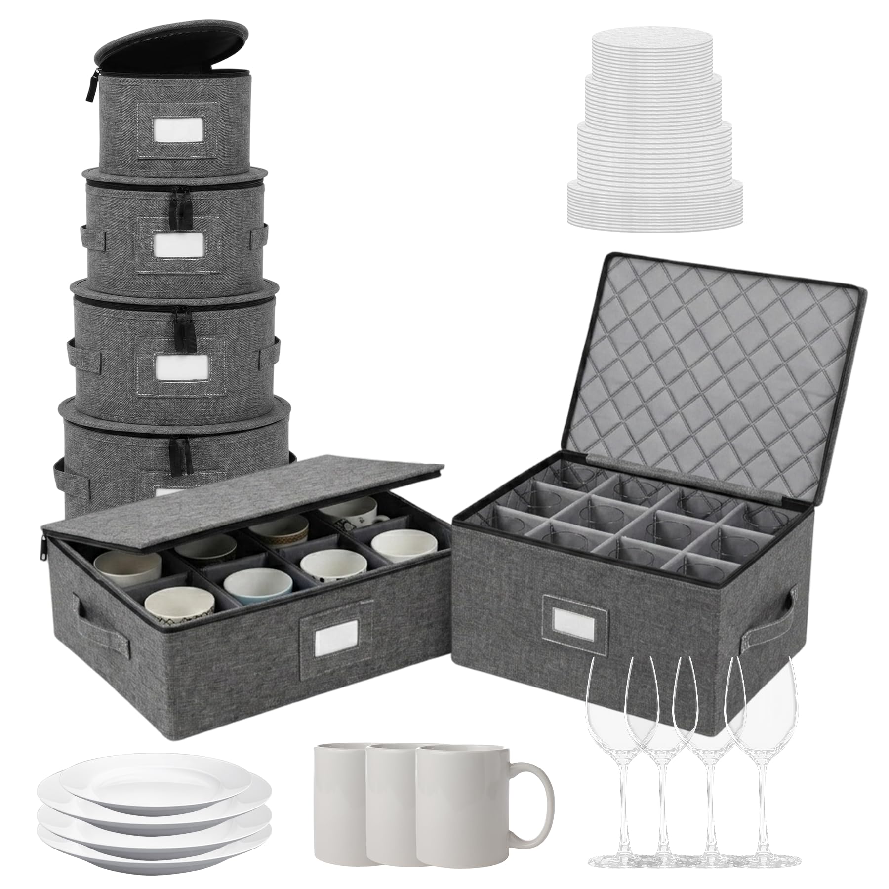 China Storage Container, Storage Box for Tableware, Pack of 6 Moving Boxes with Divider, Tab Window, Stackable, Hard Bowl Storage Box for Wine Glasses for Kitchen Organisation