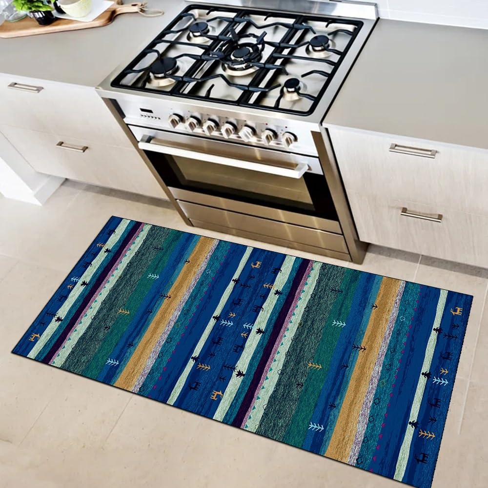 Alfombra de pasillo azul de 120x160 cm para dar un toque bohemio y seguro a tu cocina