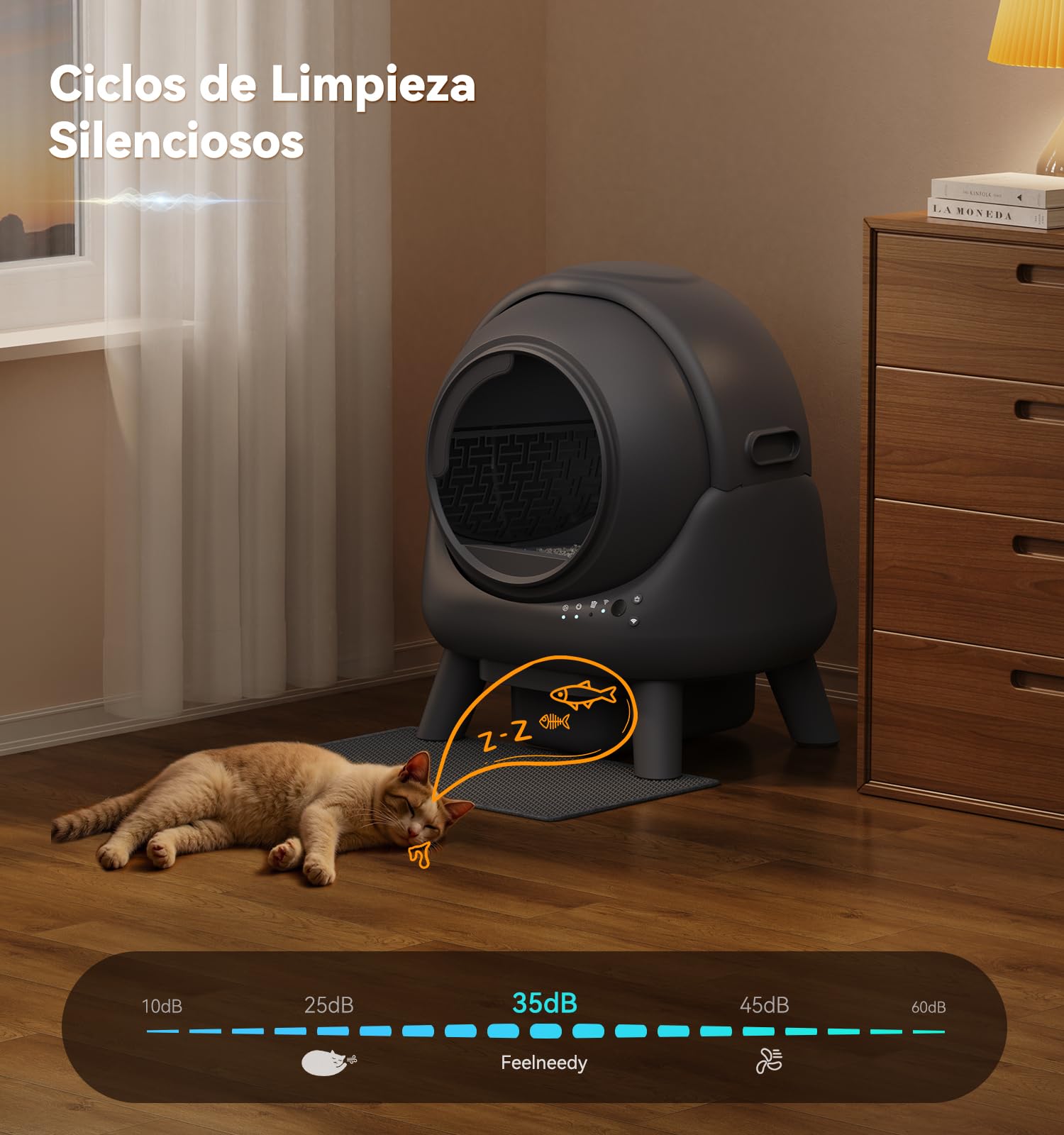 Arenero Gatos Autolimpiable Caja de Arena Sin Olor 65L +1 Bolsa de Basura | FEELNEEDY Control de Olores,App Monitor en Tiempo Real,Sensores de Seguridad con Varios Gatos (1-8 kg)