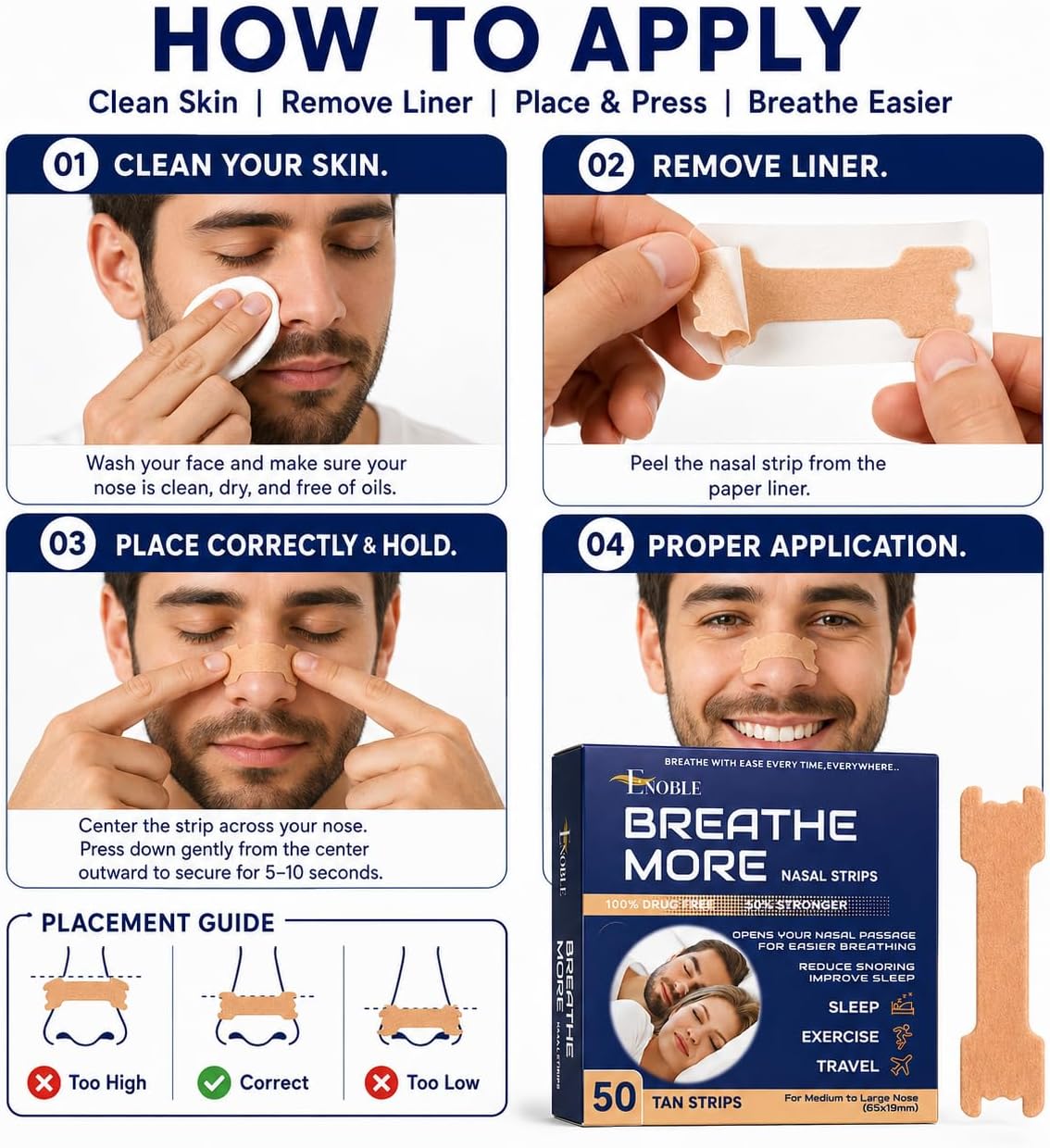 Breathe More Extra Strength TAN Nasal Strips for Snoring Relief & Easy Breathing | 50 Ct |Wide Fit | Latex-Free, Drug-Free | Strong Adhesion | Sensitive Skin | Cold & Allergy Congestion Relief