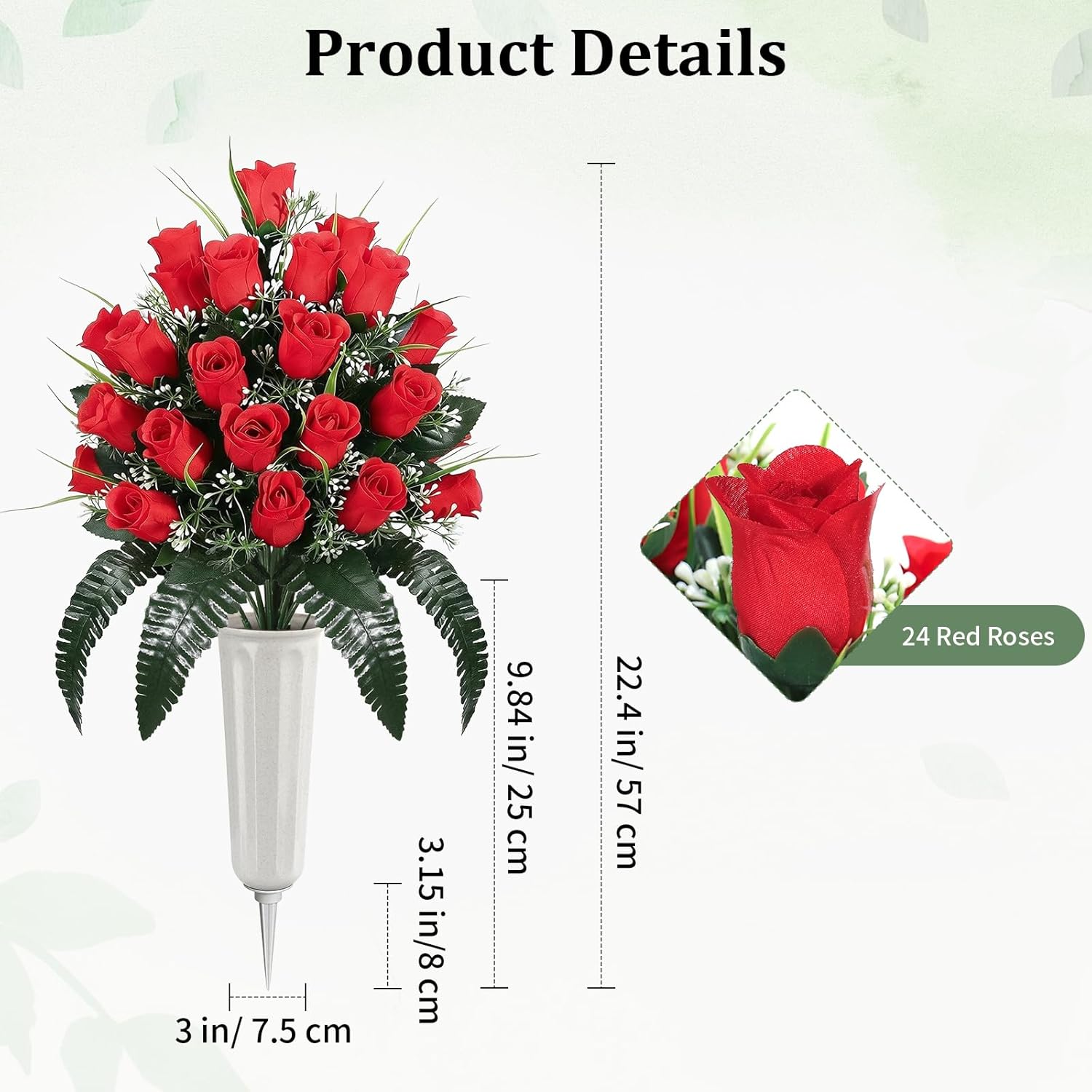Lewondr Artificial Cemetery Flowers with Vase, 2 Sets Outdoor Grave Decorations UV Resistant Silk Rose Bouquet Graveyard Memorial Day Flowers for Cemetery Headstones Decoration, Red