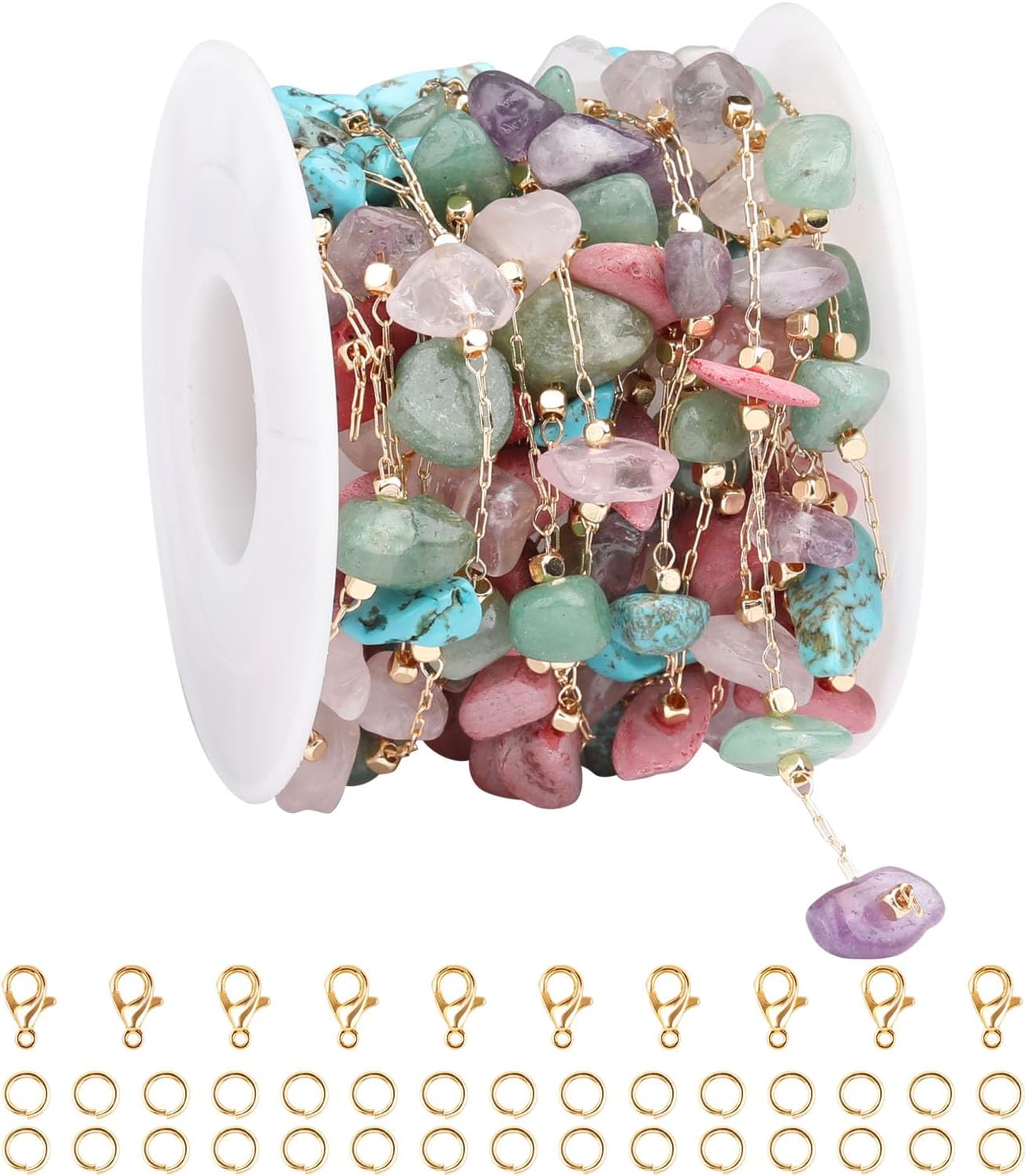 KYUNHOO 16.4FT Colorful Natural Stone Chain Links Gold Plated Brass Chain for Necklace Thin Paperclip Chain Roll with Lobster Clasps Jump Rings Jewelry Making Supplies