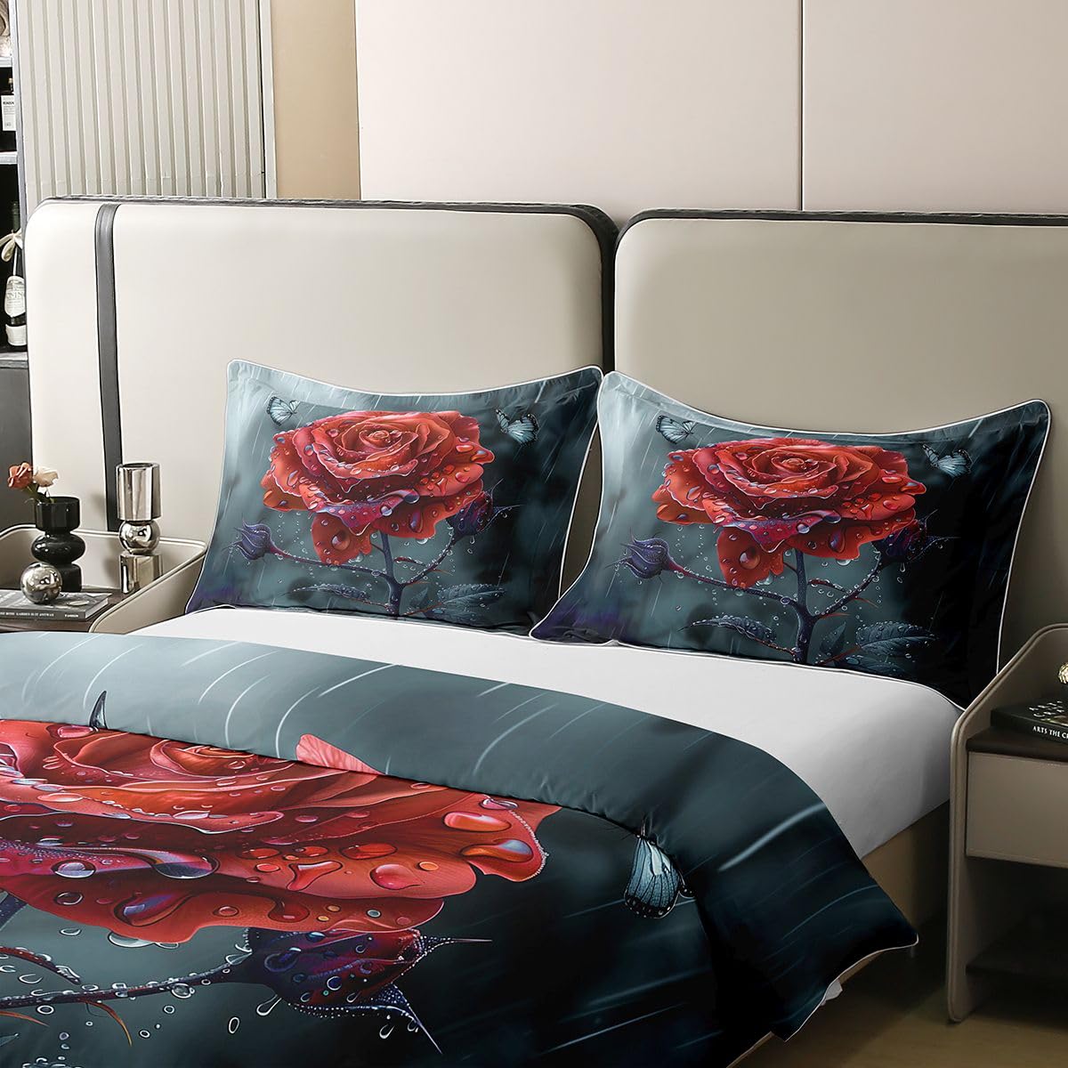 Homewish Czerwona róża kwiatowy vintage kwiat król pościel dla młodzieży chłopców | rustykalny wiejski motyl bawełna poszewka na kołdrę romantyczny botaniczny roślina liście poszwa na kołdrę kawaii
