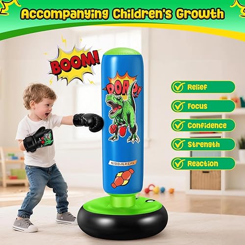 Miniatura 3 de Saco de boxeo para niños, bolsa de boxeo inflable estable de 47 pulgadas para edades de 3 a 6 años, juguete de saco de boxeo de dinosaurio y regalos