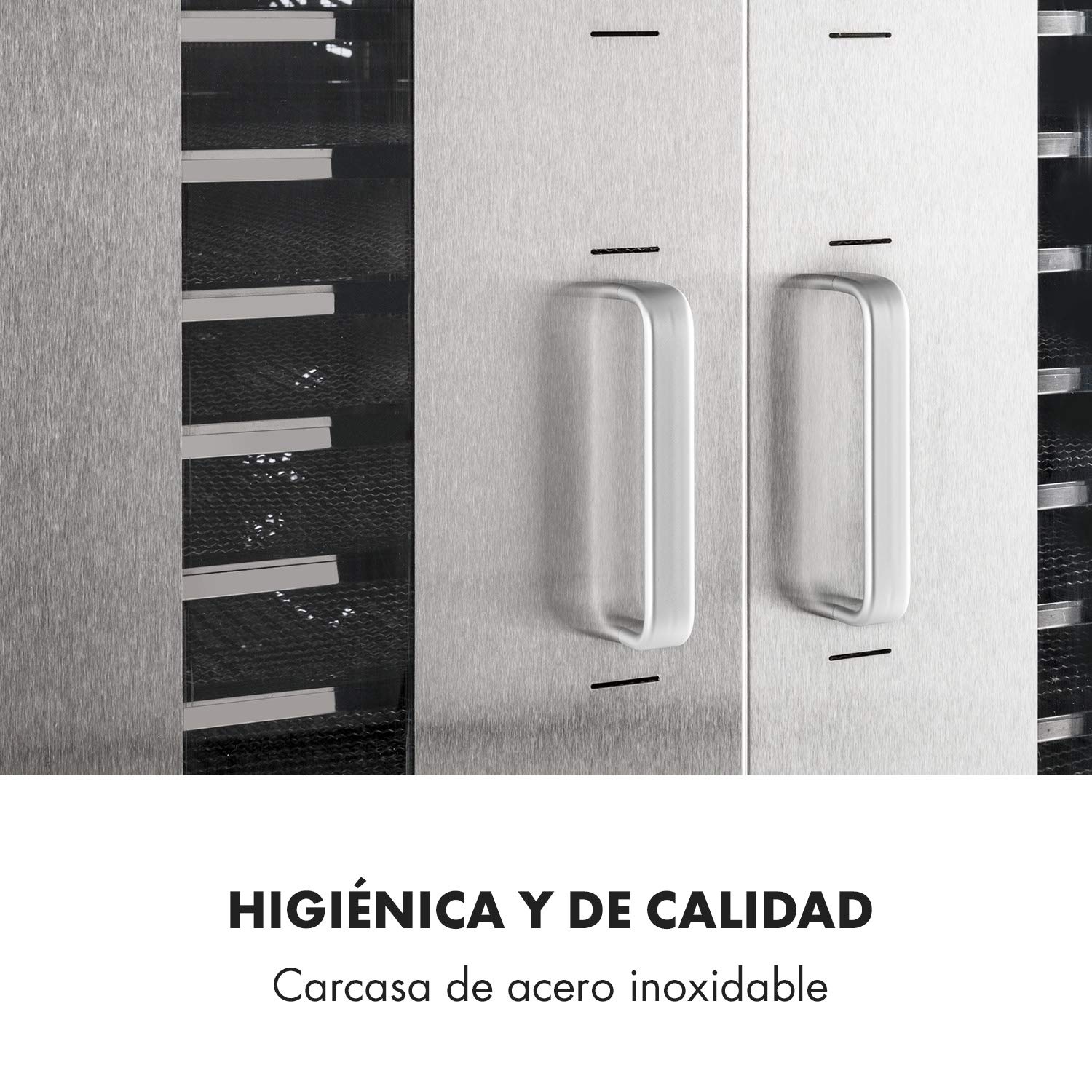 Klarstein Master Jerky - Deshidratador de alimentos, Temperatura ajustable 40-90 °C, DigiSet Control, Carcasa de acero inoxidable, Potencia de 5850 W, Capacidad de 10 m², 24 bandejas, Plateado