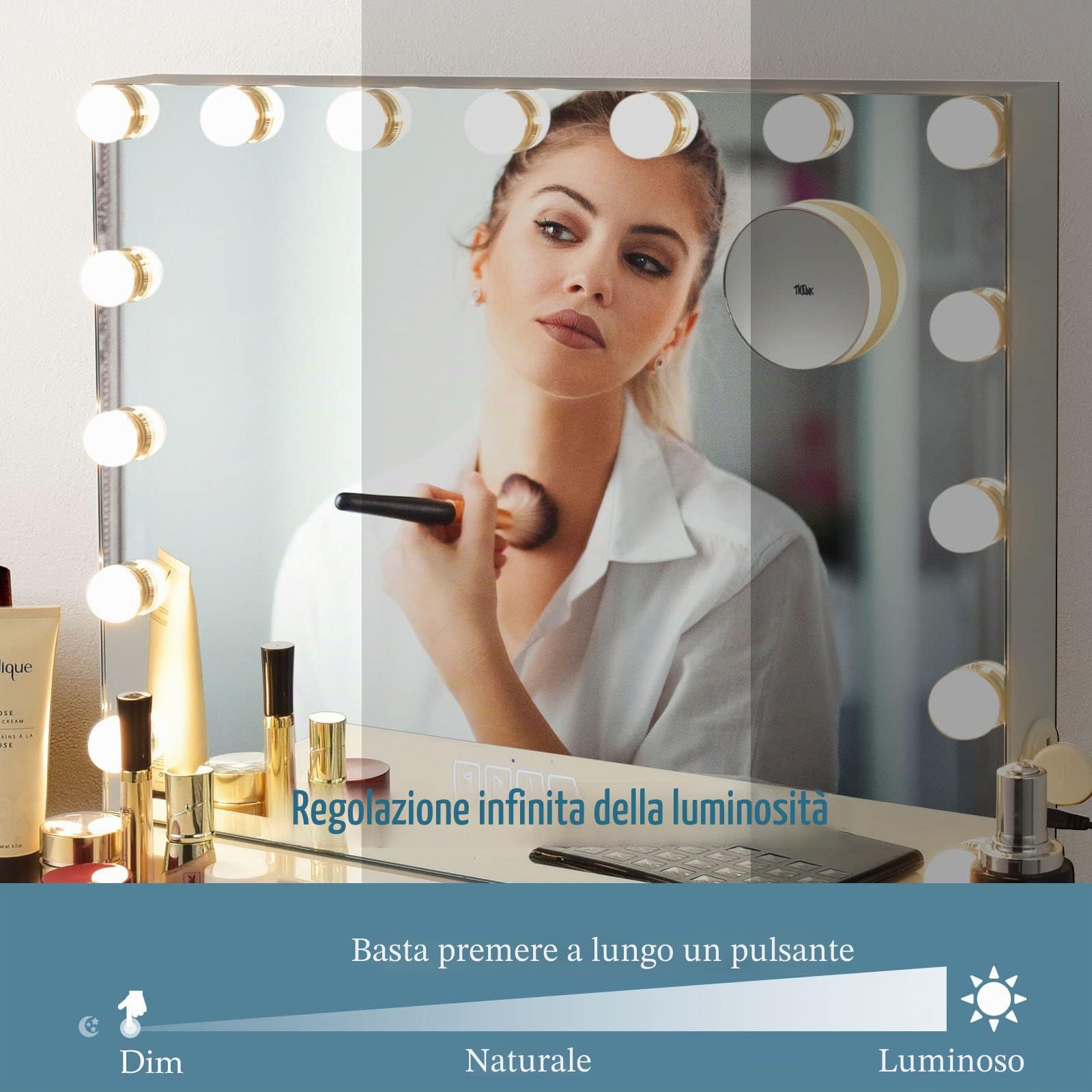 LIFEZEAL Specchio Trucco con Luci, Specchiera Hollywood con 15 Lampadine Led, Specchio da Tavolo e da Toeletta Ingranditore 10X e Smart Touch, 3 Modalità di Luminosità e Musica Bluetooth, 58 x 48 cm