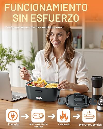 Miniatura 3 de Fiambrera eléctrica para hombres, mujeres y adultos, calentamiento rápido de 80 W, lonchera térmica con recipientes dobles SS de 1.5 L, calentador