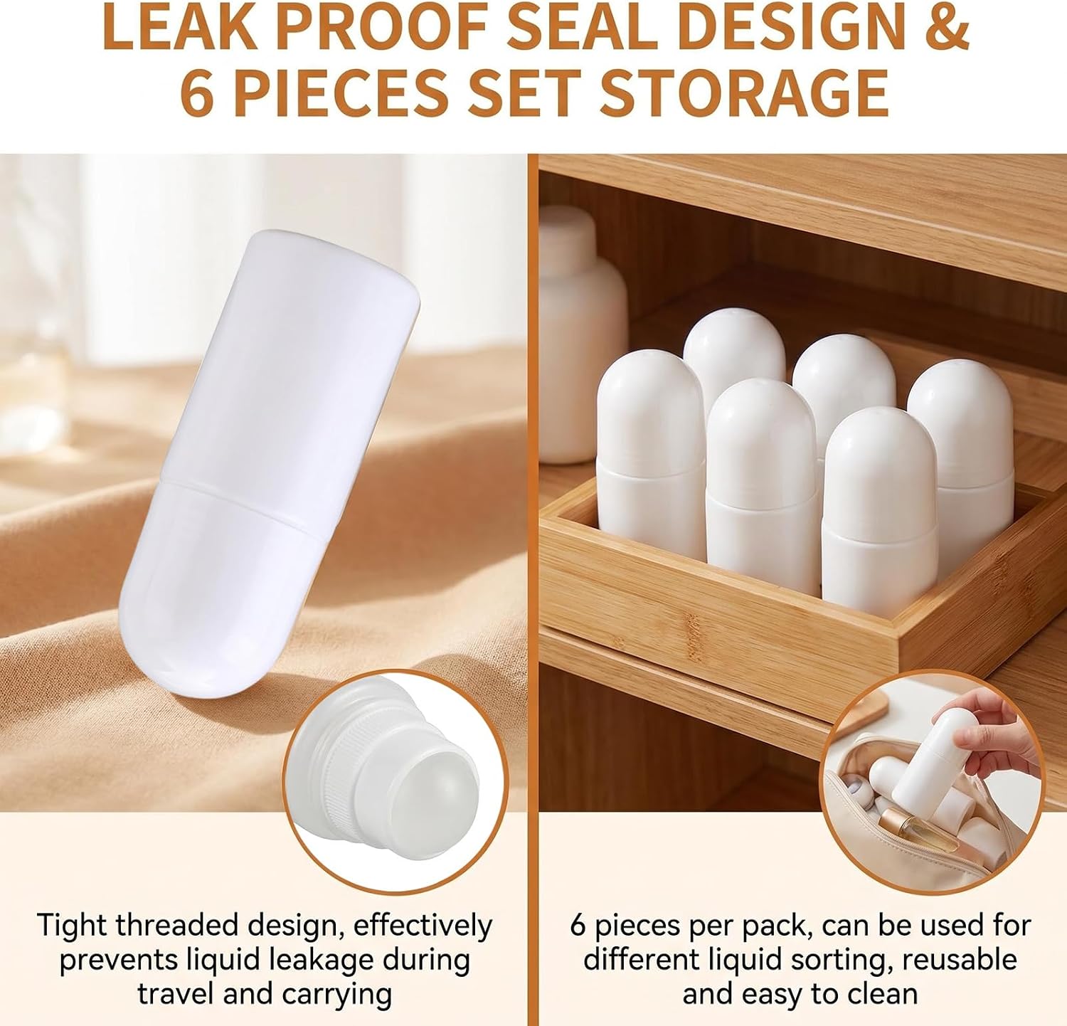 6Pcs 50ML/1.7oz White Plastic Roll-on Bottles with Ball Applicator