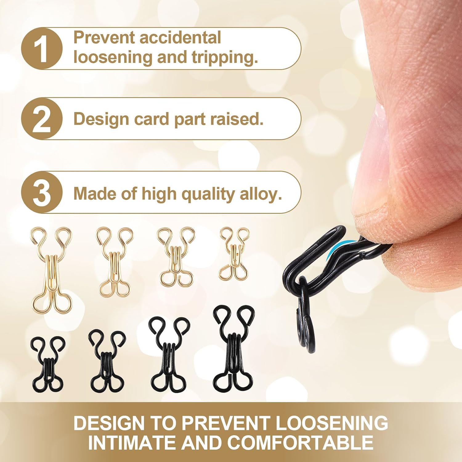 CustomyLife 80pcs Sewing Hooks and Eyes Closure, Metal Bra Hooks Replacement, 4 Sizes Sewing Accessories for Clothing Skirt Trousers DIY Craft- Gold & Black