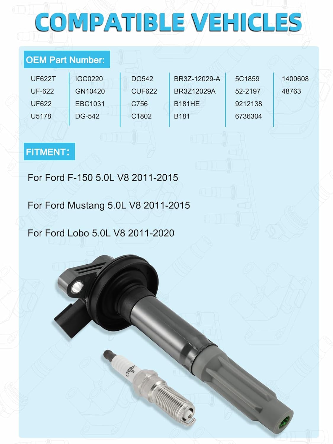 Set of 8 UF622 Ignition Coil Pack & Iridium Spark Plugs (5.0L V8 Only) 2011-2015 For Ford F150 Mustang Lobo,Replace # SP548 BR3Z-12029A 5C1859 B181HE DG542 52-2197 GN10420 C1802
