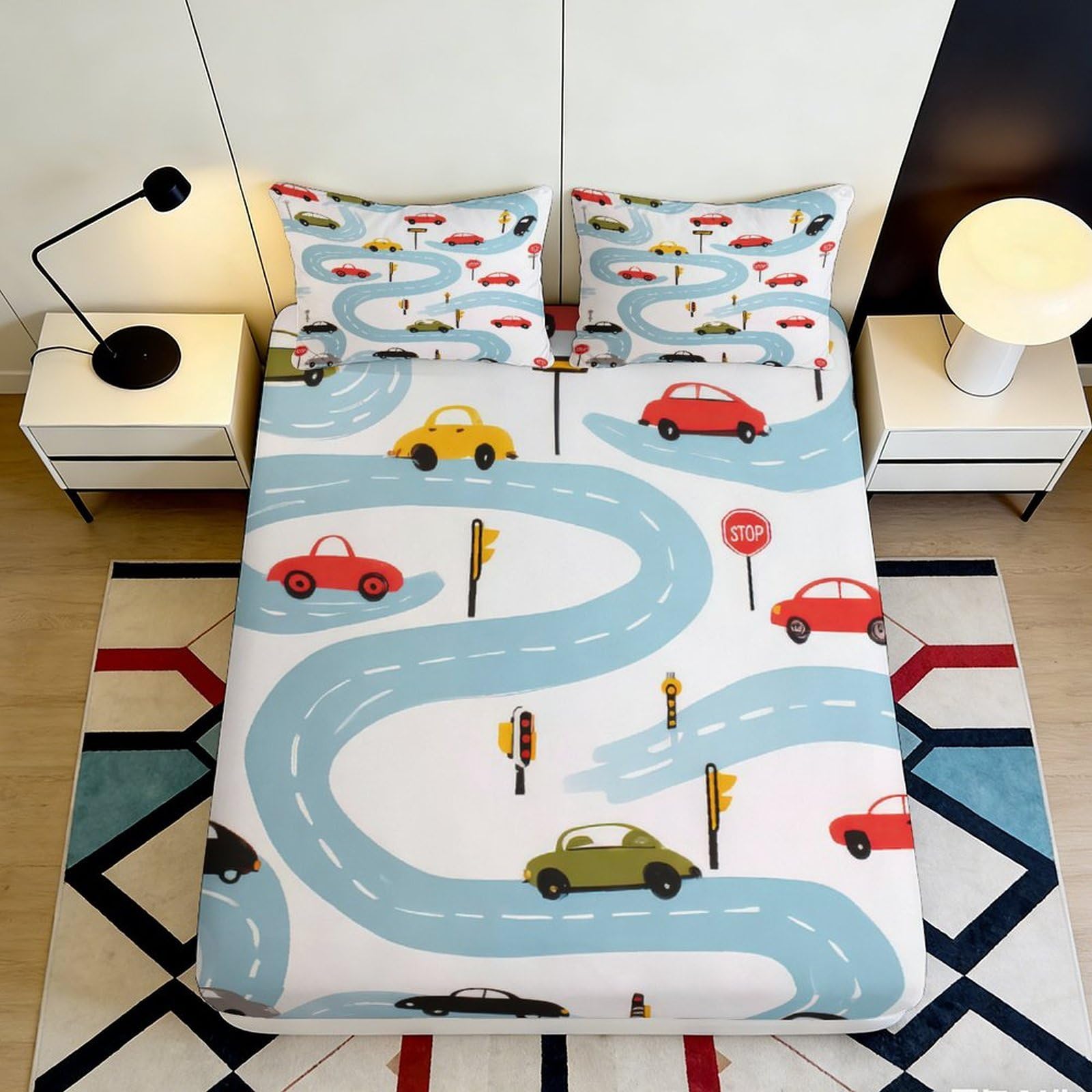 Pnayamiorkfel Style-5 3D Printed Cartoon Car Road Fitted Sheet Microfiber Bedroom Decor Bed Cover For Home Guest Room Machine Washable 90X200x25cm
