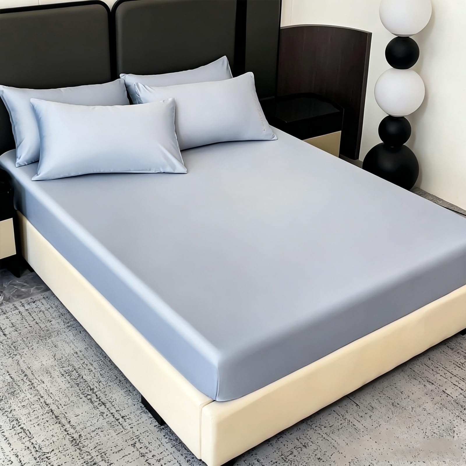 Drap housse extensible 120x200 bleu grand bonnet anti-plis avec 2 taies d'oreillers