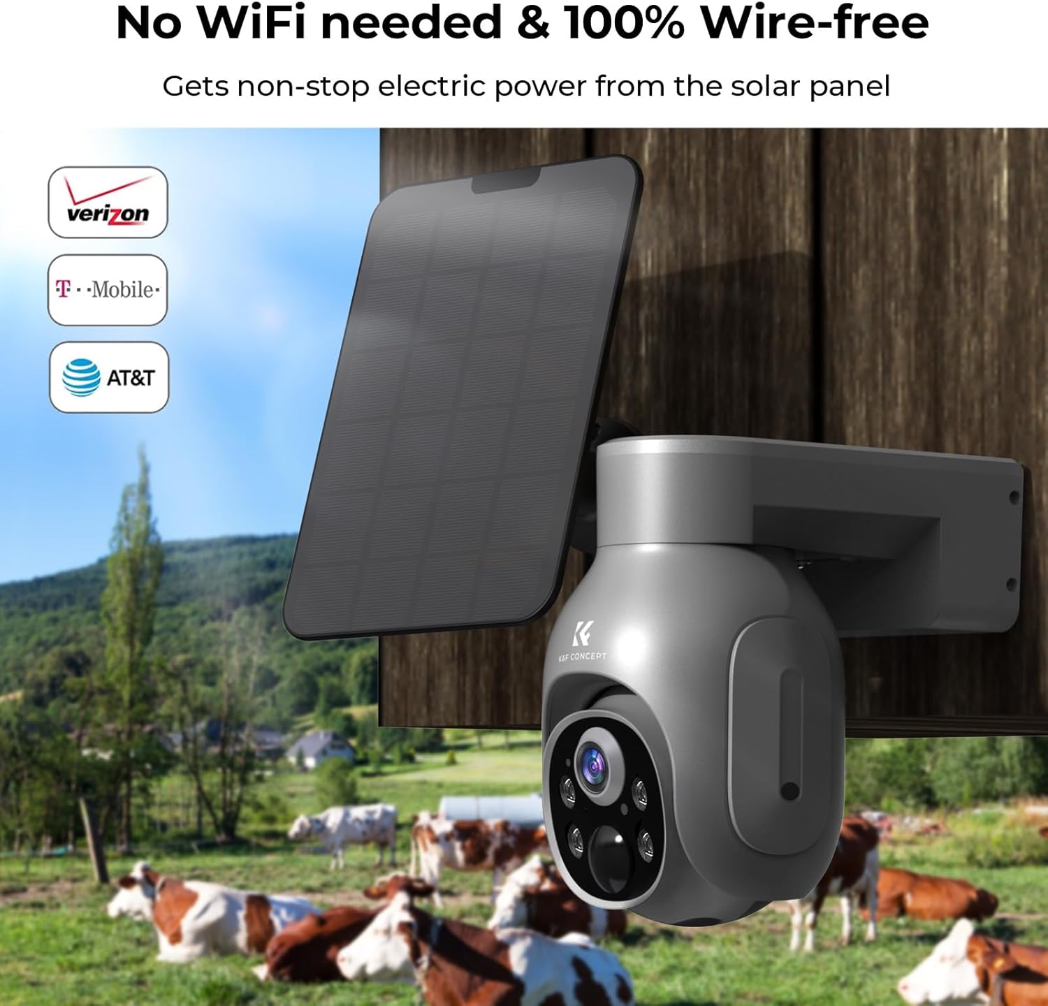 K&F Concept camera mounted on a wooden wall with a solar panel, overlooking a field with cows.