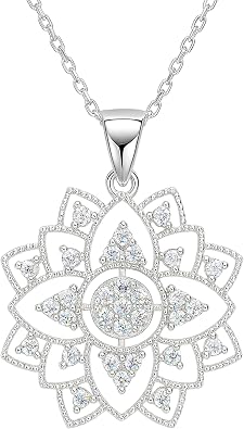 Mandala Necklace 925 Sterling Silver - Filigree Encrusted CZ Openwork Pendant Chain 20" - Esoteric Boho Sacred Geometry Jewelry - Hippie Yoga Gift for Women - Handmade
