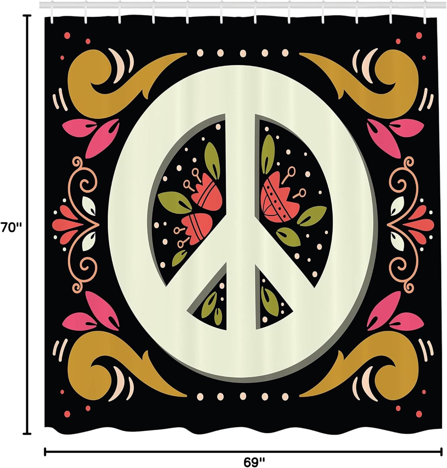 Ambesonne Hippie Shower Curtain, Graphic Peace Sign with Flower Shapes Sixties and Seventies Pacifism or, Cloth Fabric Bathroom Decor Set with Hooks, 69" W x 70" L, Black Dark Mustard
