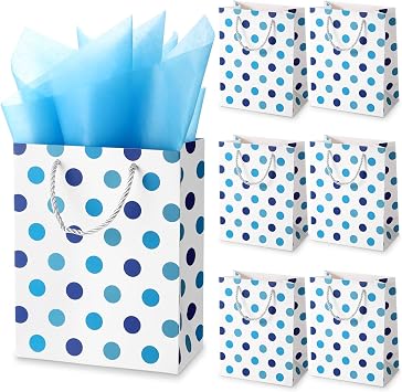 Humyoun 6 Pack White, Blue Medium Gift Bags with Tissue Paper