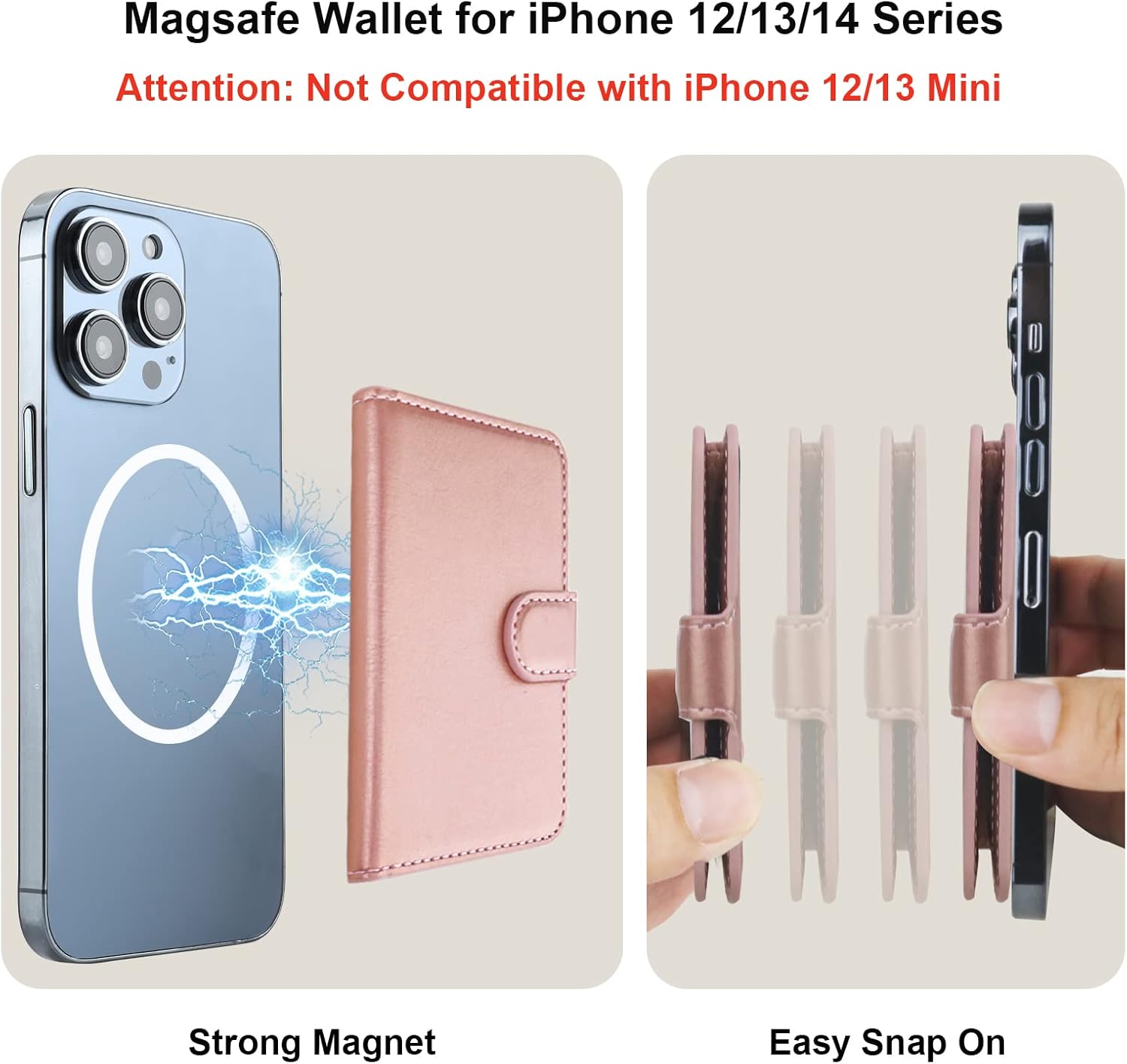 Bocasal for MagSafe Wallet Magnetic Card Holder, RFID Blocking Leather Card Slots for iPhone 17/16/15/14/13/12 Pro/Max/Plus/Air, Adjustable Kickstand Flip Mag Safe Wallet (Rose Gold)