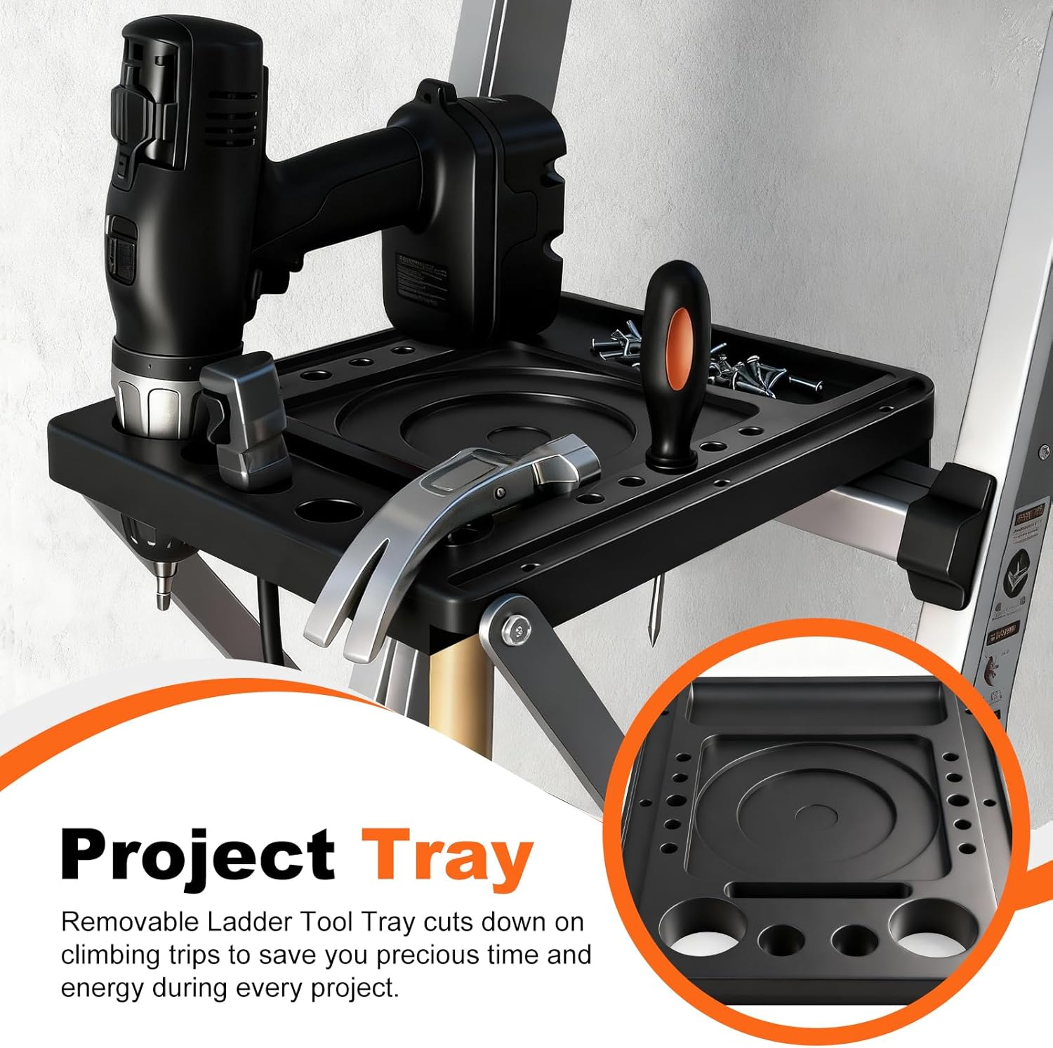 Multi-Purpose Project Tray, Ladder Accessory,Tray for Most Standard Ladders, Plastic Ladder Work Platform 55 lbs Weight Rating for Screwdriver, Electric Drill, Paint Bucket