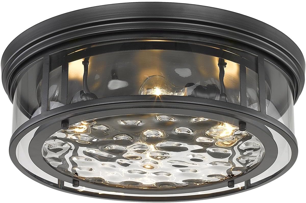 Angled view of the Z-Lite Clarion Flush Mount Light Fixture, showcasing its matte black finish and the clear, textured glass shade.