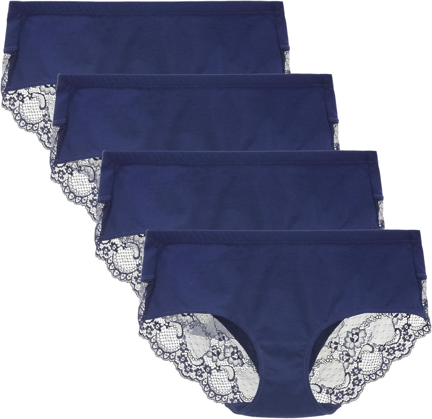 LIQQY Women's Knickers 4 Pack Mid Rise Cotton Lace Full Coverage Brief Hipster Panty Underwear XXL Navy Blue