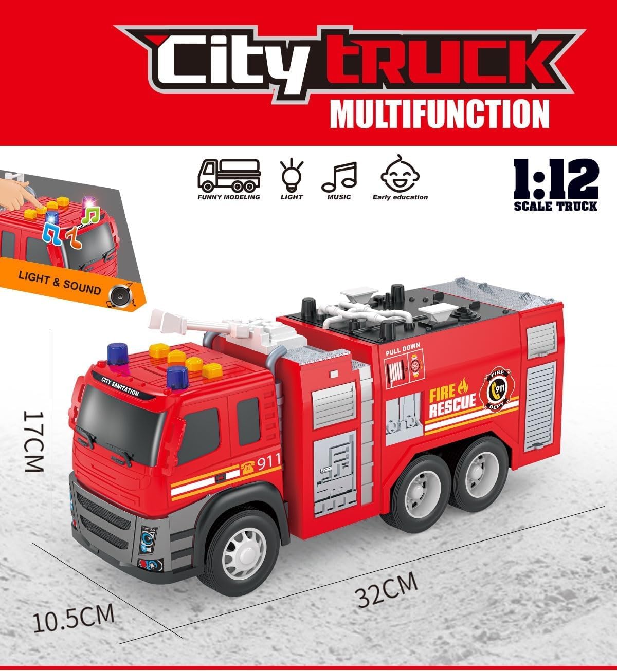 Camion Pompieri Luci e Suoni Camion Pompieri Giocattolo Grande per Bambini con Movimento a Frizione Luci Lampeggianti & Sirene Veicolo Giocattolo di Emergenza (A)