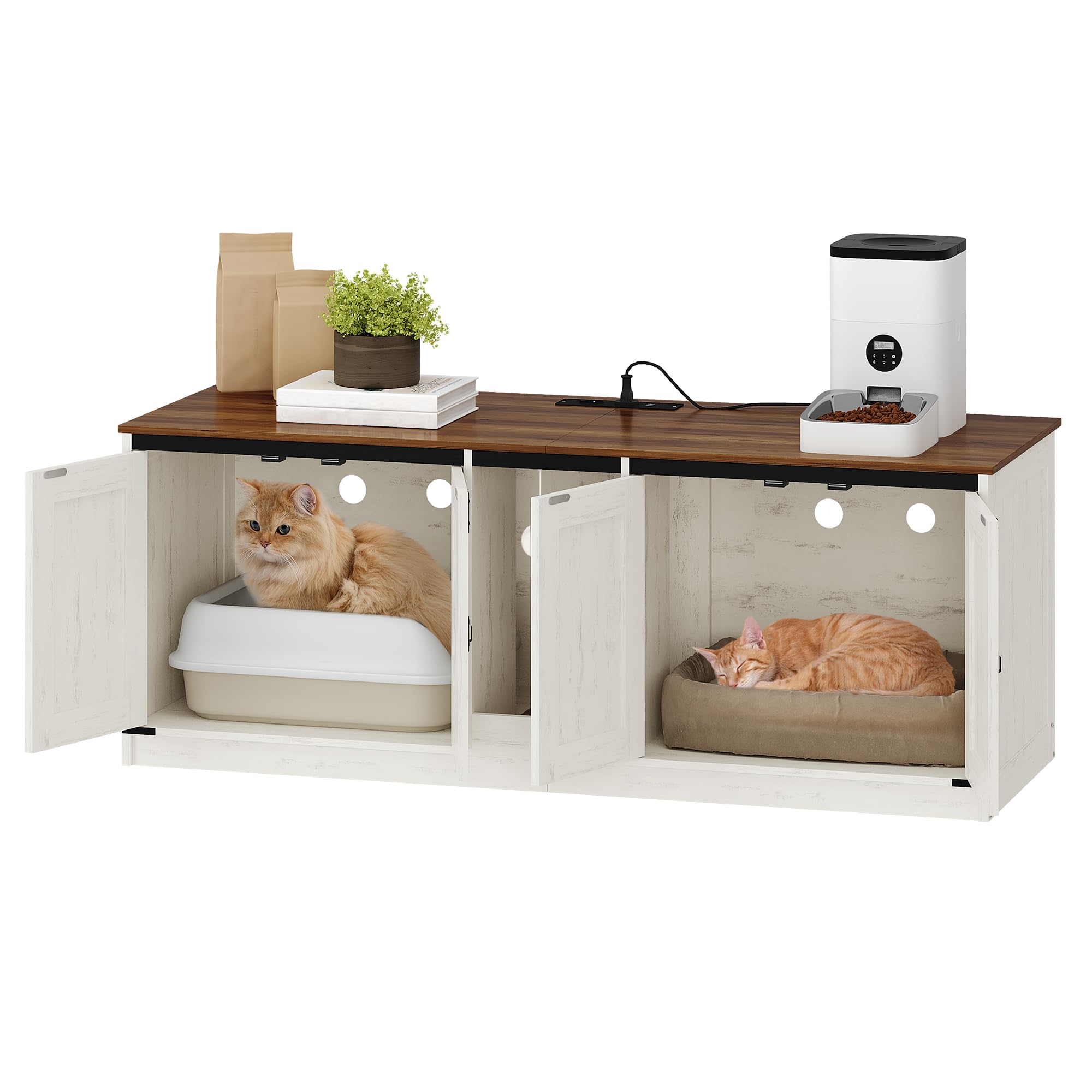Hzuaneri Armario para Gatos, Mueble Arenero Gato con Puertos USB y Tomas de Corriente, Mueble Arenero Oculto de 140cm para 2 Gatos, Casa para Gato de Interior, Marrón Rústico y Blanco CB82514X