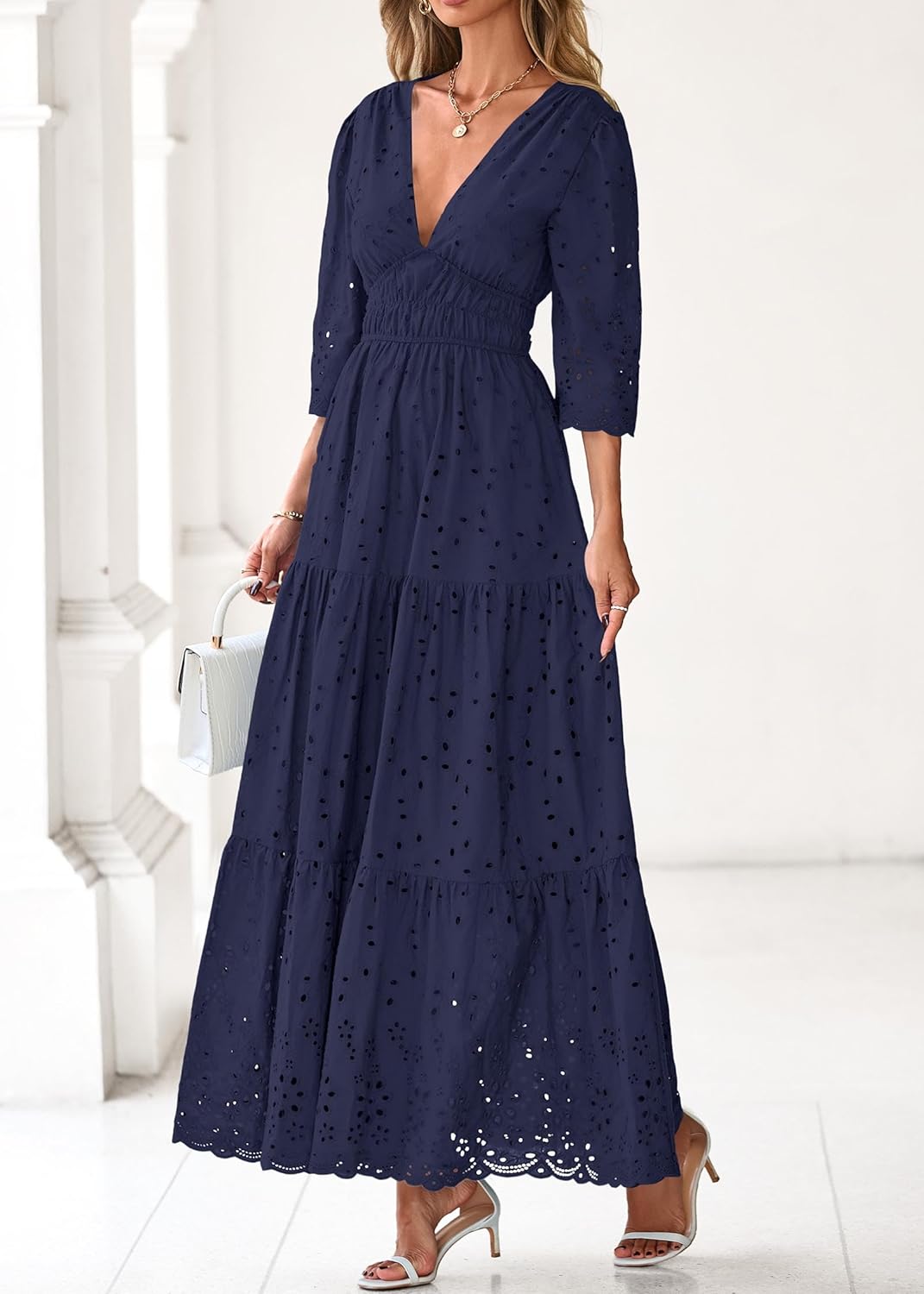 Lazysmile Long Sleeve Dresses for Women V Neck Hollow Out Eyelet Ruffle Swing A-Line Fall Vacation Boho Maxi Dress - Image 7