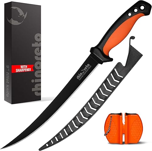 Rhinoreto Cuchillo de filete de pescado y cuchillo de pesca con funda y herramienta de afilado. Cuchillo de filete para pescado y cuchillo de