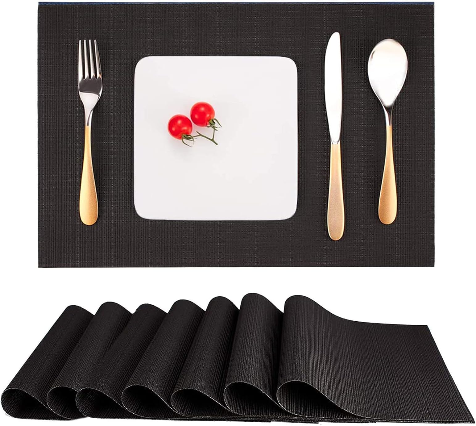 Myir JUN Place Mats, Table Mats Set of 8 Placemats Washable Non-Slip Heatproof Woven Placemat Fabric Place Mats PVC (Black)