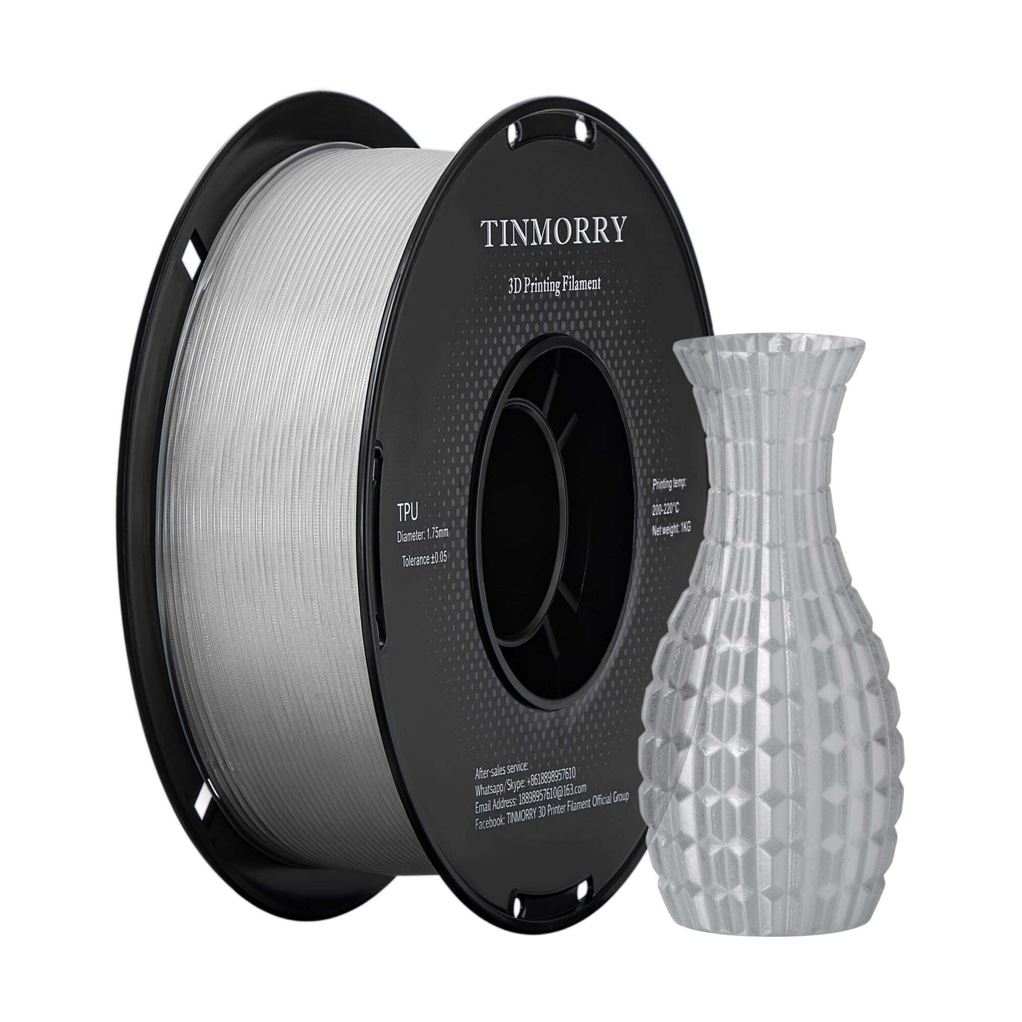 TINMORRYFilament TPU 1.75 mm, TPU Filament 3D Printing Materials for 3D Printer, 1 KG, 1 Spool, Transparent