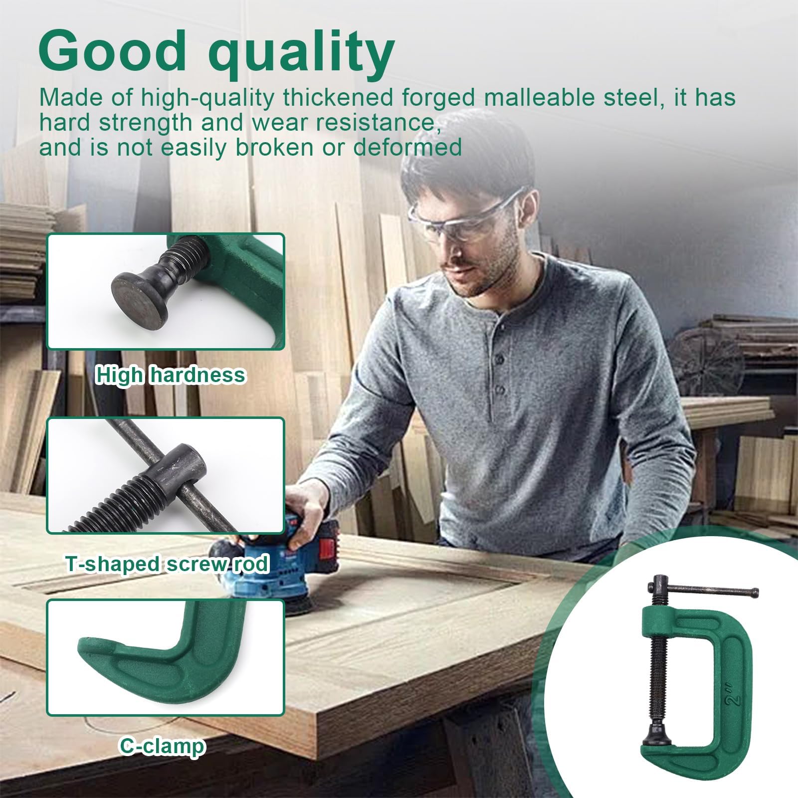 HASLED Lot De 2 Serre-Joints En C 50 Mm – Pinces Robustes En Acier Forgé, Serrage Rapide 0-50 Mm, Idéal Menuiserie, Bricolage Et Atelier (Vert)