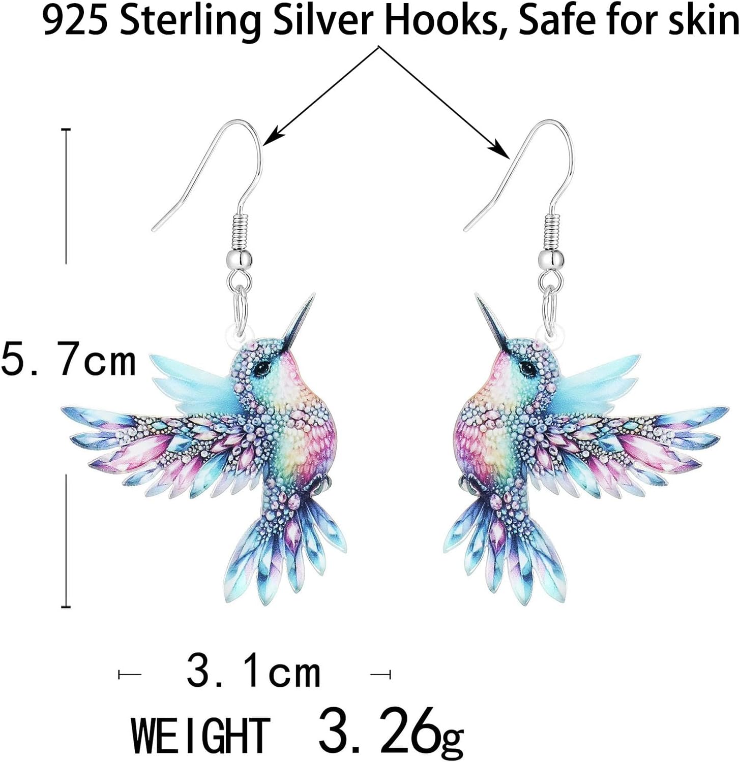Hummingbird Earrings, 925 Sterling Silver Bird Earrings for Women Hypoallergenic 2D Acrylic Dangling Novelty Fun Blue Colorful Cute Humming Bird Drop Dangle Jewelry - Image 3