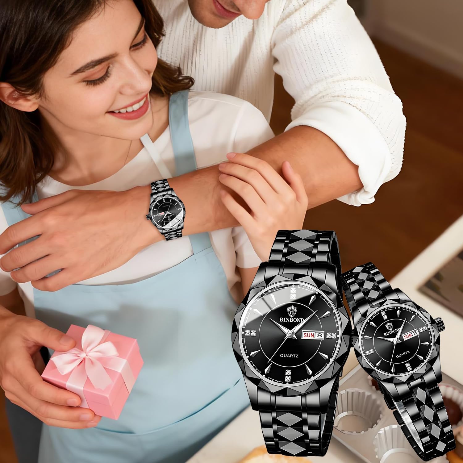 2PCS Valentines Couple Pair Watches Men and Women Luminous Calendar Waterproof Gold Silver Stainless Steel Blue Face his and Hers Watches Set Lovers Set Wedding