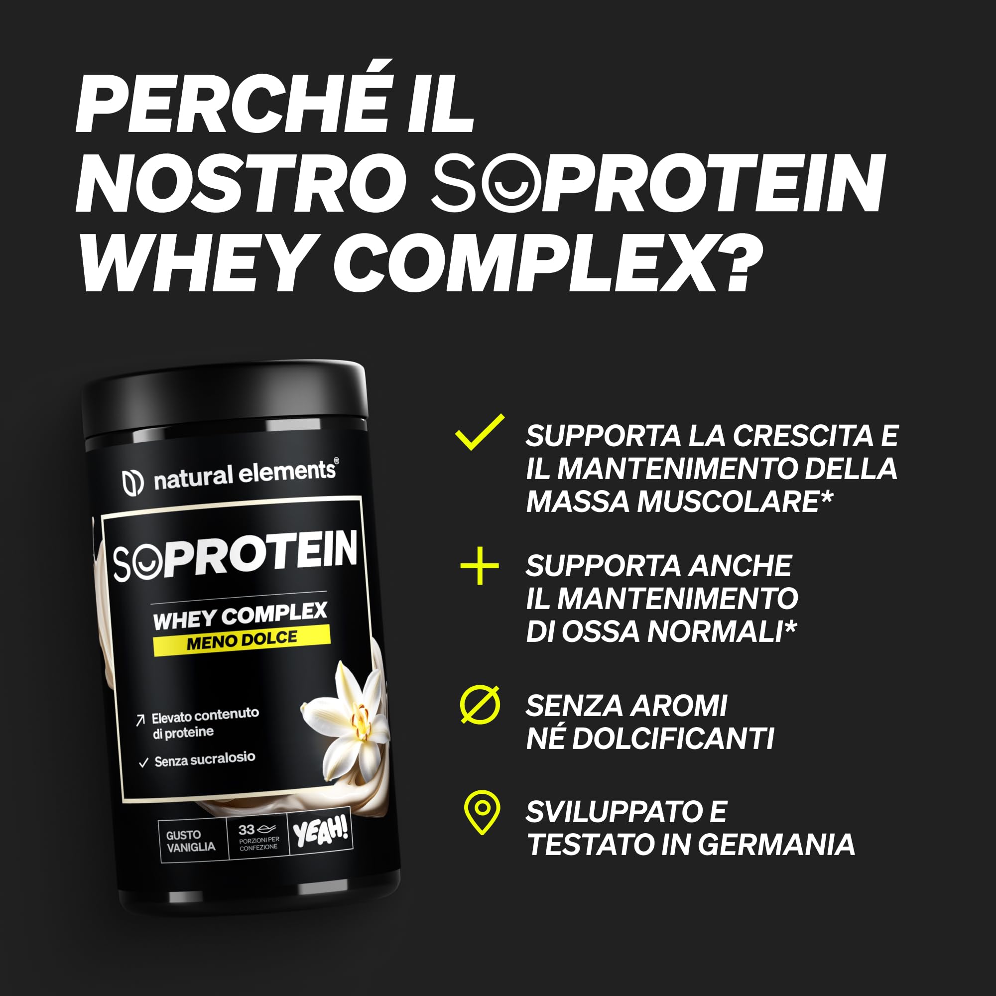 Polvere Whey alla Vaniglia 1 kg - 25 g Proteine per Porzione, Siero di Latte e Caseina, Dolcificate con Stevia, Made in Germany | natural elements