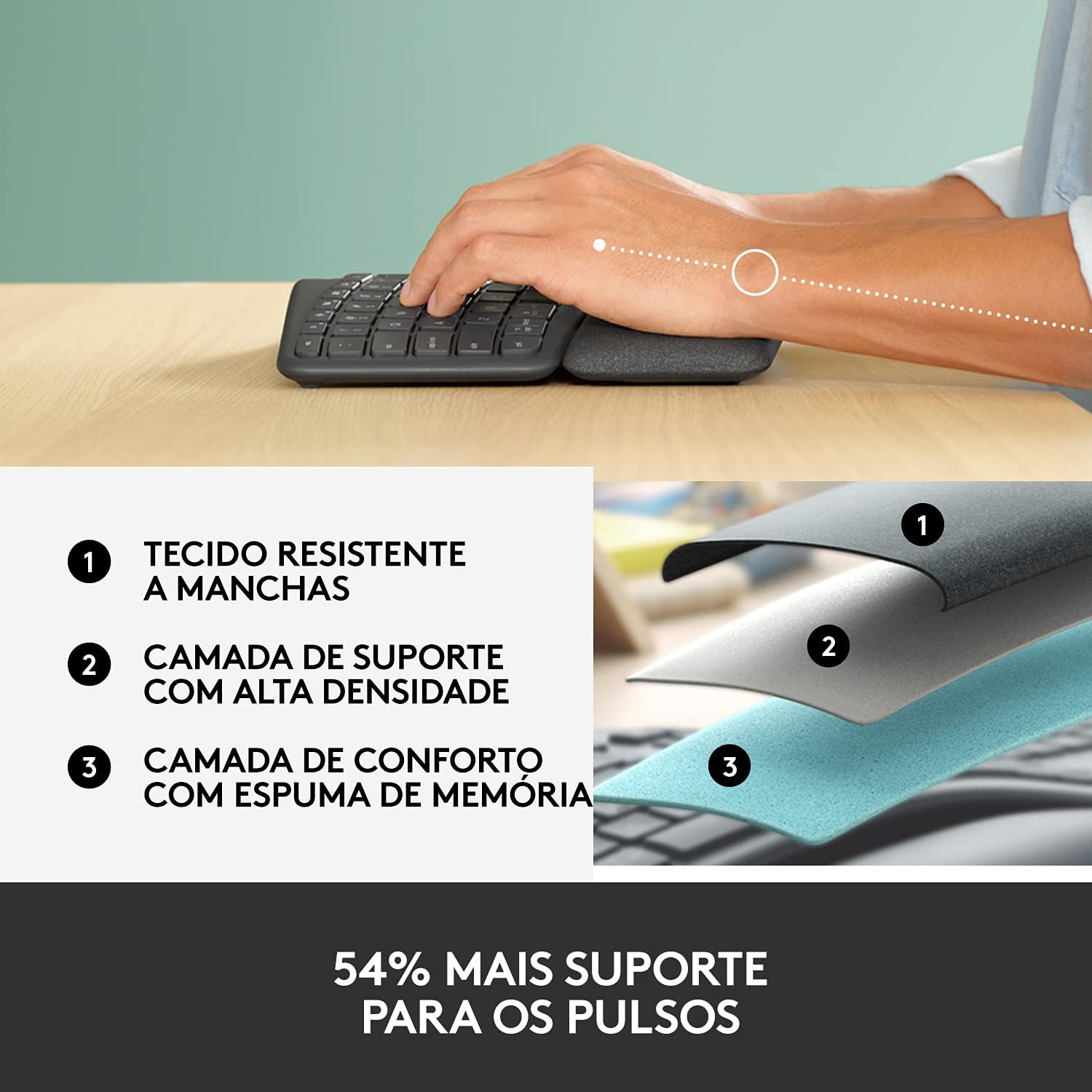 Teclado sem Ergo K860 com Layout de Teclado Dividido, Suporte para Descanso de Pulso, Tecido Resistente a Manchas, Conexão Bluetooth e USB - Compatível com Windows e Mac, Preto