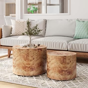 Nesting Coffee Table Set of 2, Modern Round Coffee Table and End Table Set, Natural Burl Center Table Circle Side Table for Living Room Bedroom Office