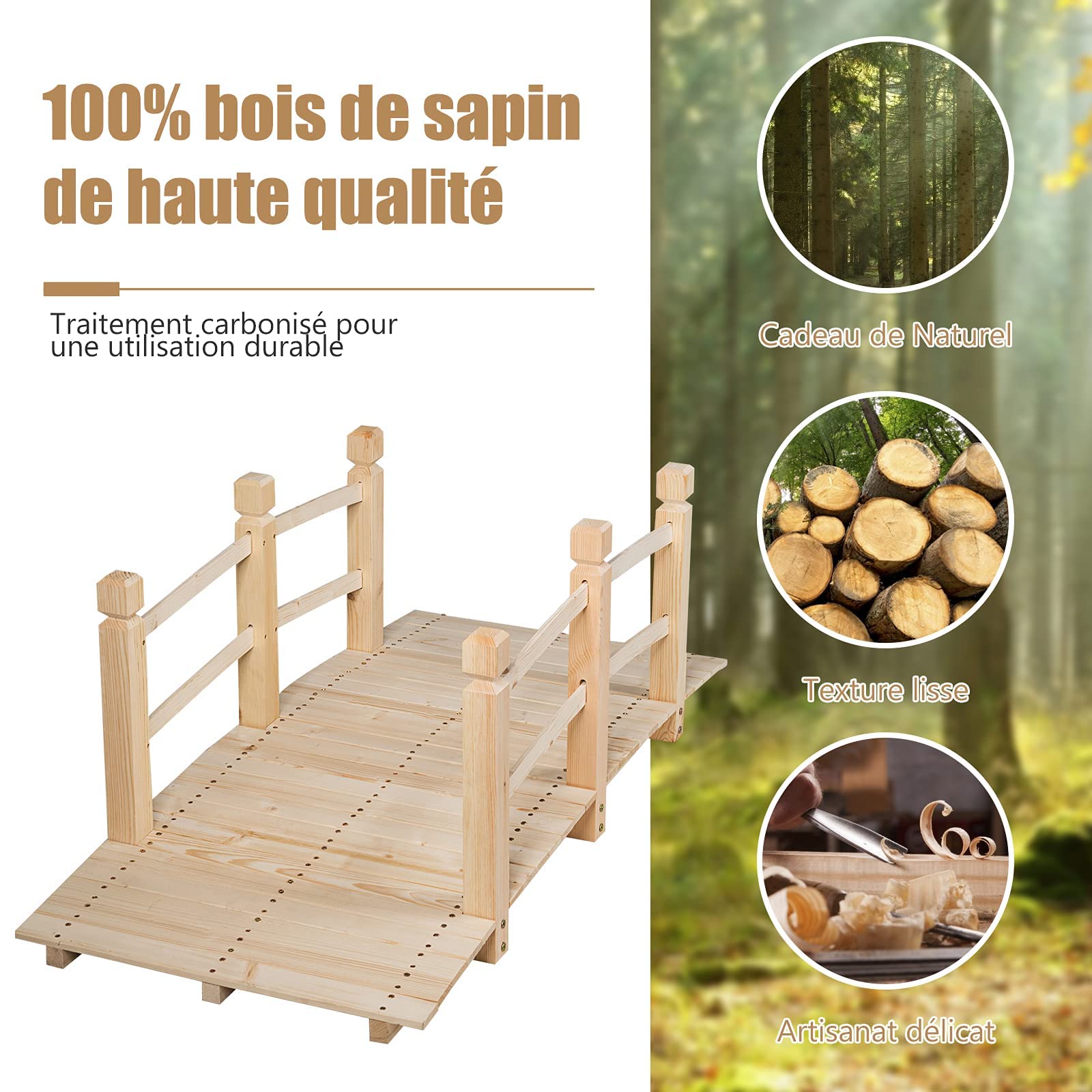 GOPLUS Puente de Madera Rústica y Maciza con Mano Corriente, Decoración de Jardín, Puente de Estanque, Soporta Peso Máximo 100 KG, 150 x 67 x 55 CM, Natural