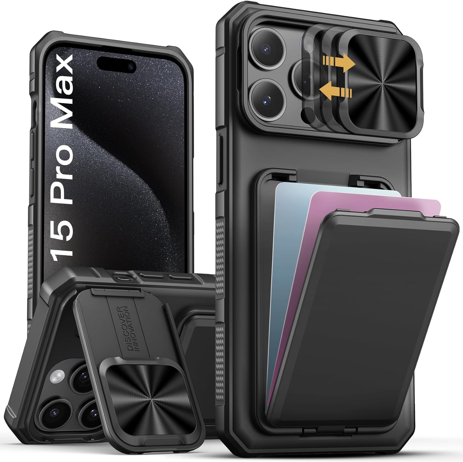 SSLOTSCASE for iPhone 15 Pro Max Case with Card Holder & Kickstand & Slide Camera Lens Cover & Camera Stand & Wallet, Military-Grade Heavy Duty Phone Case Cover for iPhone 15 Pro Max 5G 2023, Black