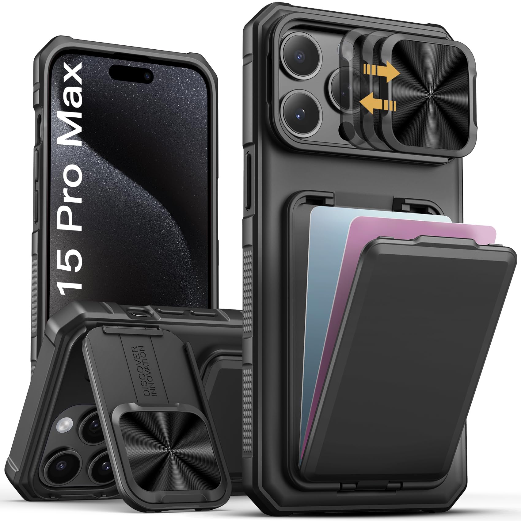 SSLOTSCASE for iPhone 15 Pro Max Case with Card Holder & Kickstand, Black