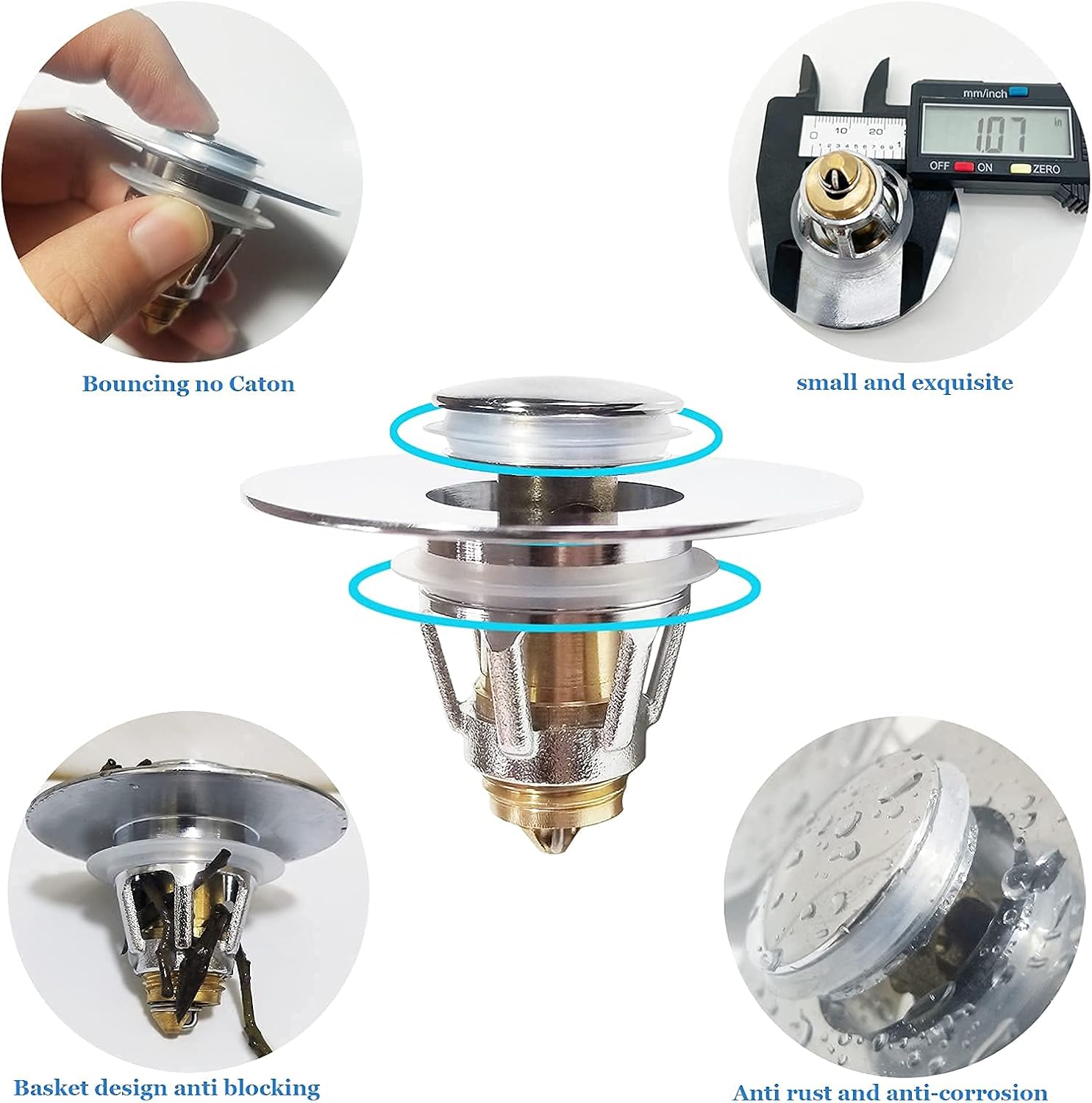 QYHNYJF Bathroom Sink Stopper, for 1.1-1.32 in U.S. Standard Drain Holes, Universal Chrome Plated Push-Type Bounce Core, Stopper Anti Clogging Sink Strainer, Bathtub Drain Plug with Filter Basket - - 