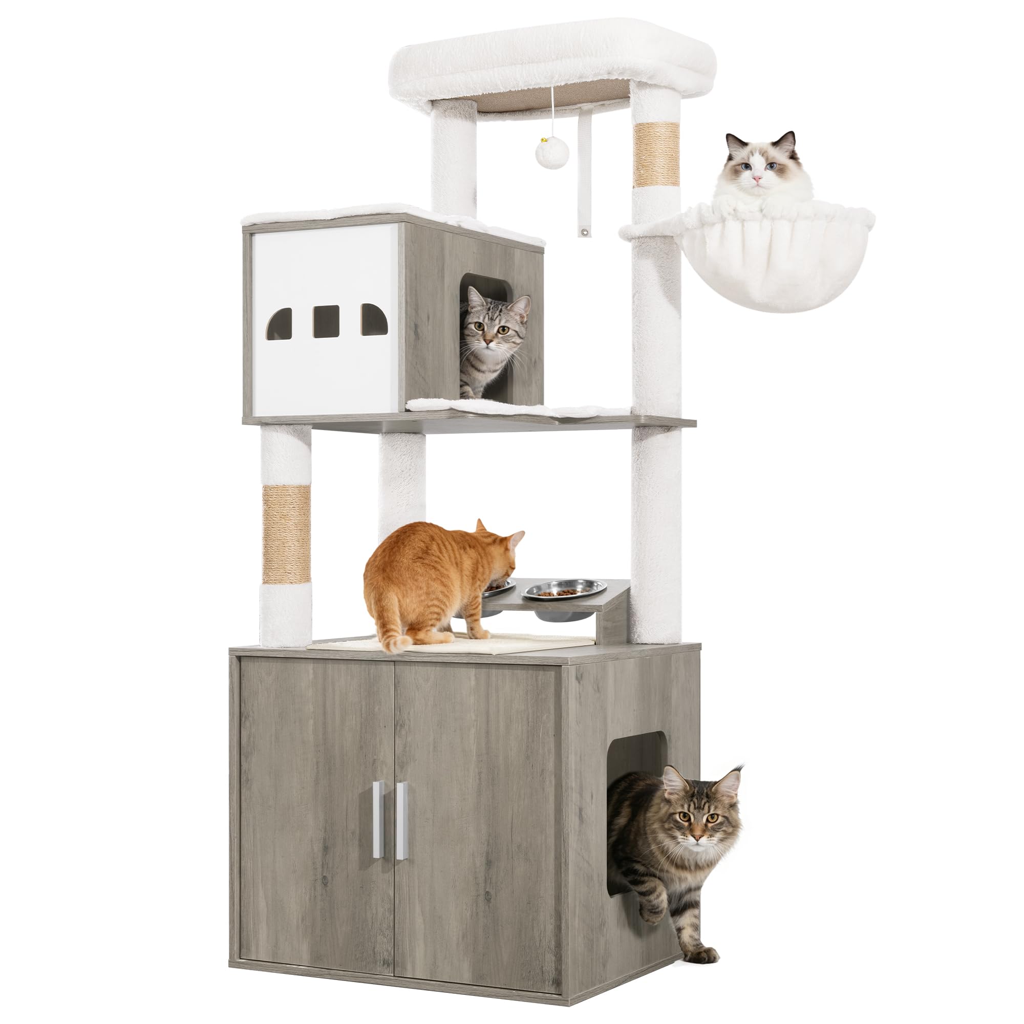 Hzuaneri Arbre à Chat avec Meuble Litiere Chat, 150 cm Haut, Sisal, Grège | Mangeoire, Maison de Toilette Chat, Grande Plateforme, Colonne Balles Peluche, Coussin Lavable, Balles en Peluche, CB88405WT