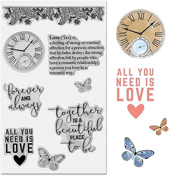 Threetols Flower Frame Clear Stamps for Card Making, Butterfly Clear Rubber Stamps Love Words Clock Stamps for Holiday Card Making Decor DIY Scrapbooking Transparent Album Decor Paper Craft