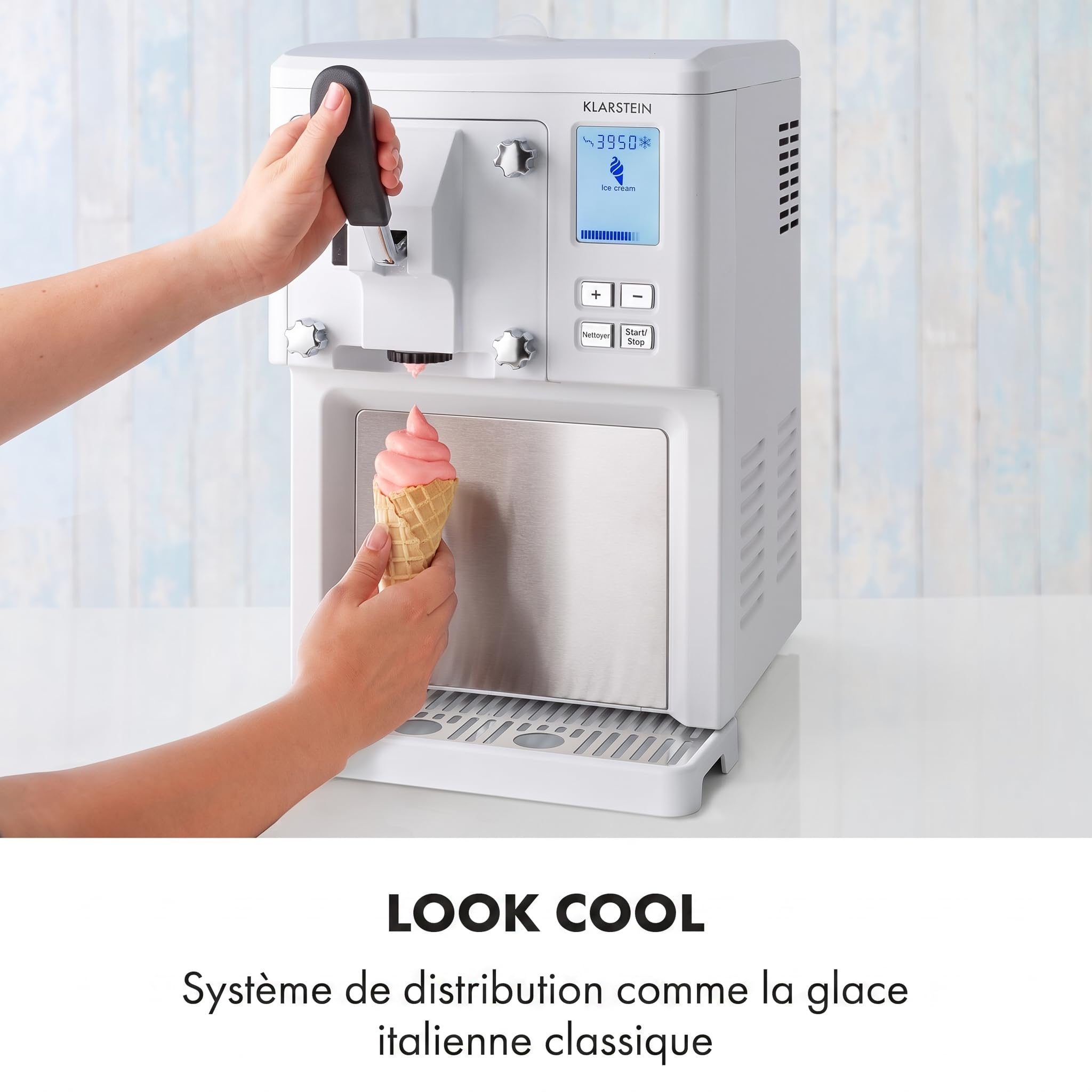 Klarstein Sweet Sundae Machine à glace italienne à compresseur – sans pré-refroidissement | Sorbetière 1,5 L, glace prête en 40 min, distributeur & nettoyage automatique, Inox, Blanc